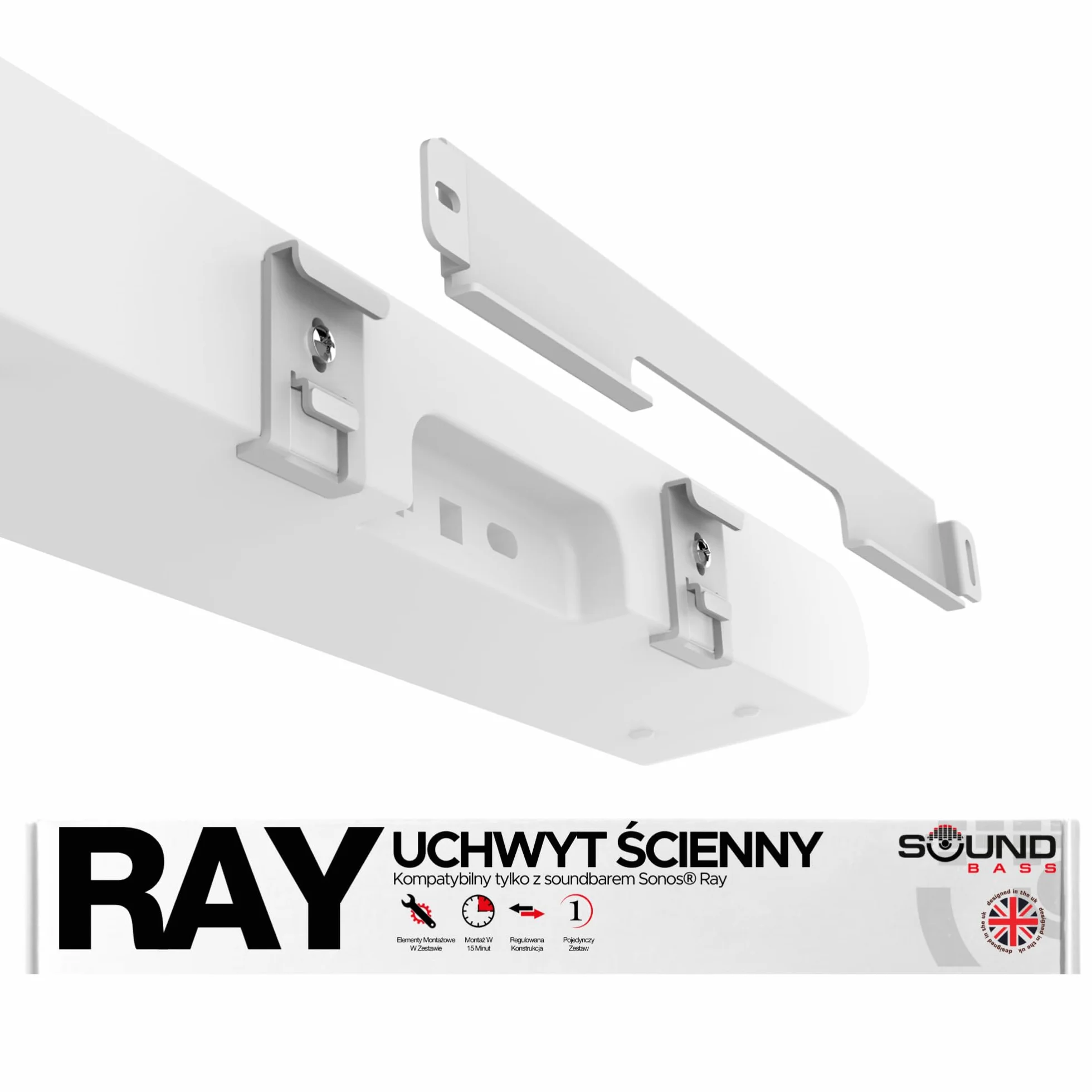 Sonos Ray Sound Bar Uchwyt na listwę dźwiękową ze wszystkimi niezbędnymi elementami montażowymi, uchwyt ścienny do listwy dźwiękowej pod telewizorem lub powyżej, łatwy w instalacji, biały