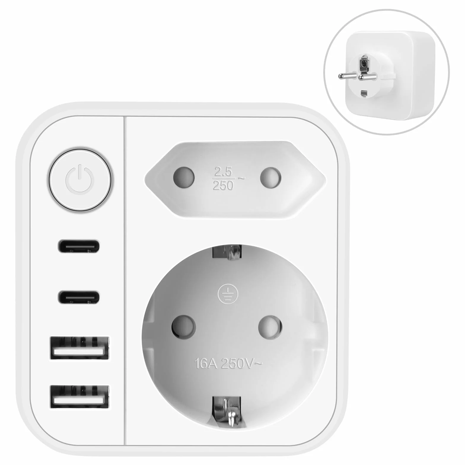 Listwa zasilająca z wejściem USB, 2-krotna, podwójna wtyczka do gniazdka z 4 listwami wtykowymi USB, listwa zasilająca do domu, biura, podróży, biała