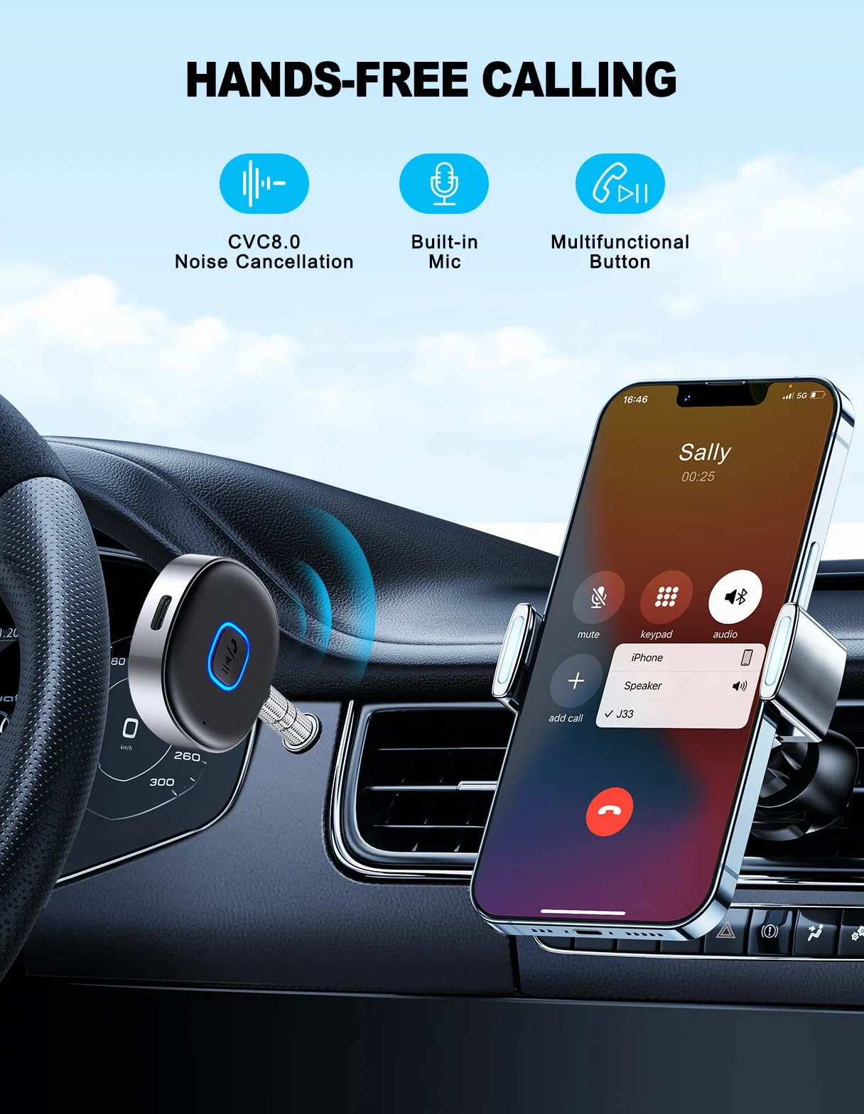 Mohard Samochodowy adapter AUX 3,5 mm, mini Bluetooth 5.3 Wzmacniacze samochodowe do stereo/głośników/słuchawek przewodowych, adapter samochodowy Bluetooth AUX, połączenia głośnomówiące, podwójne