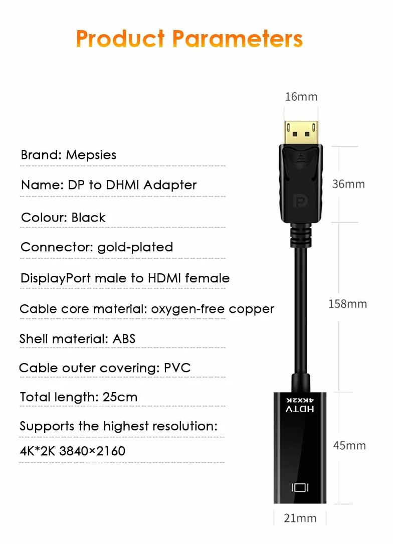 Adapter DisplayPort na HDMI 4K, jednokierunkowy PC DP 1.2 męski na ekran HDMI 1.4 żeński konwerter, kompatybilny z komputerem PC, telewizorem, monitorem, projektorem, laptopem i innymi, czarny, 25 cm