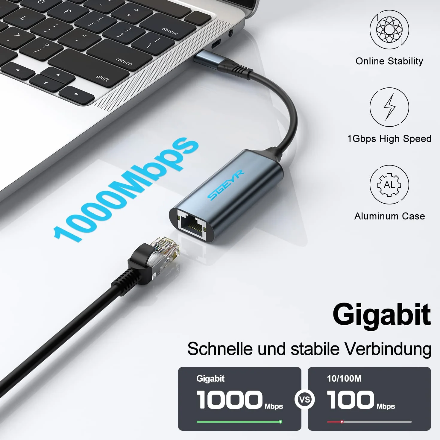 SGEYR Adapter USB C LAN Ethernet do MacBook Pro, XPS, HP, iPad Pro, Mac OS - Szary