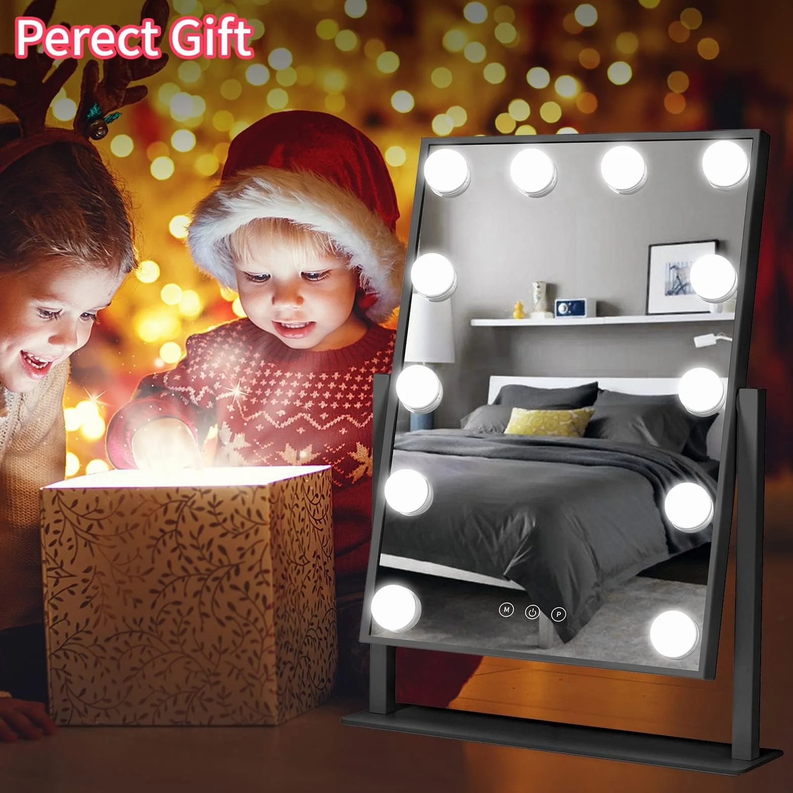 Meidom Lusterko do makijażu z oświetleniem, 12 ściemnianych diod LED, obracane o 360°, 3 kolory światła, ekran Smart Touch, lustro Hollywood z oświetleniem, czarne, 36 x 47 cm