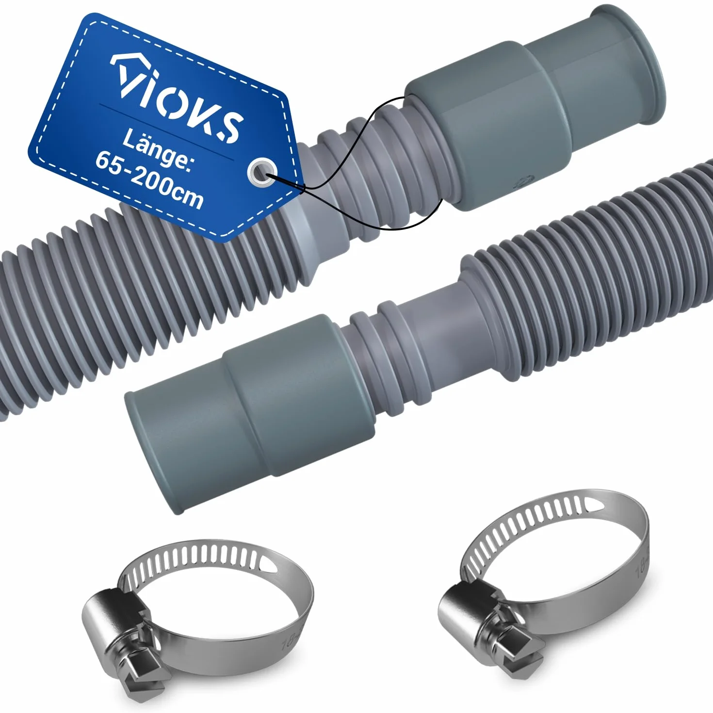 VIOKS Zestaw elastycznych węży spustowych do pralki 65-200 cm 19/21 mm Ø zacisk węża