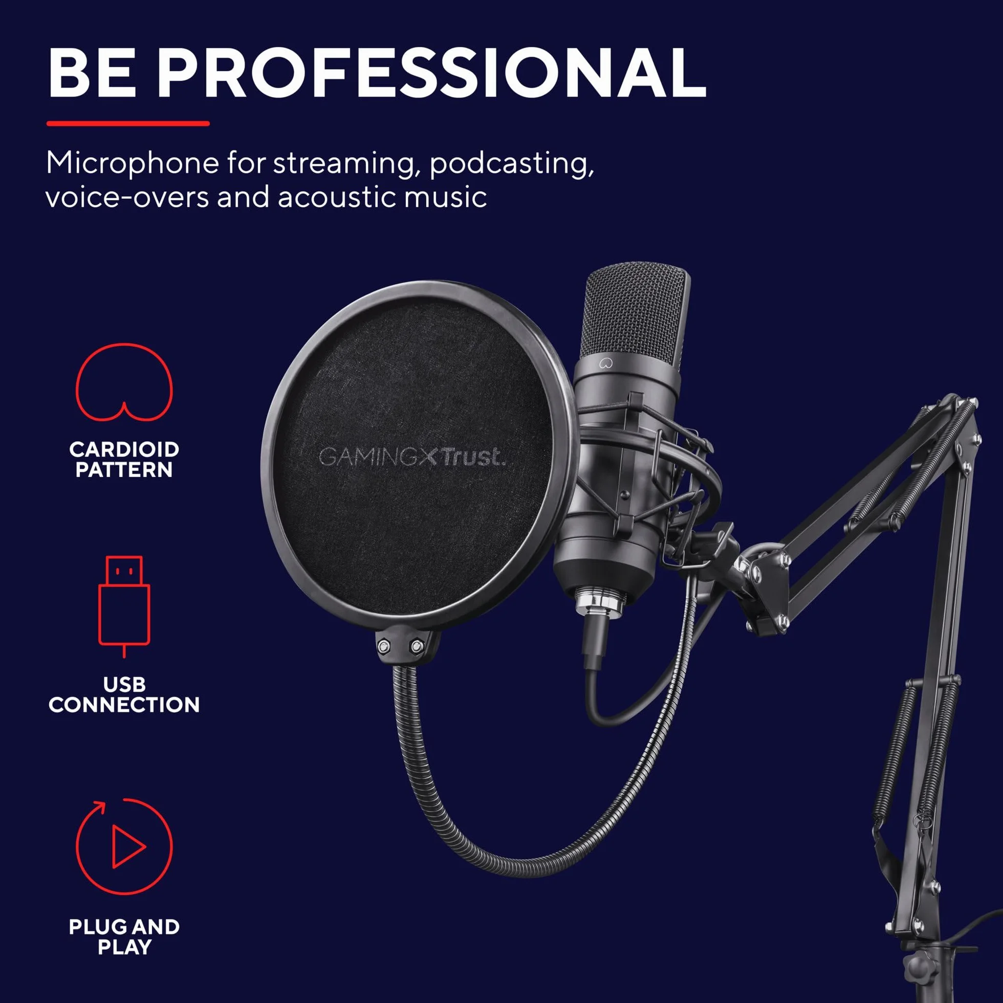 Trust Gaming GXT 252+ Emita Profesjonalny Mikrofon Studyjny USB z Ramieniem, Pop Filter, Kosz Antywibracyjny
