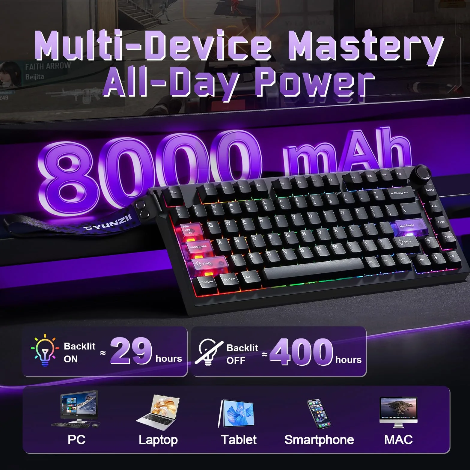 YUNZII RT75 PRO Bezprzewodowa Klawiatura Gamingowa, Hall Effect Mechaniczna Klawiatura Magnetyczna z Rapid Trigger, Bluetooth/USB-C/2.4G 8KHz Polling Rate (Czarny, Magnetic Red Switch)