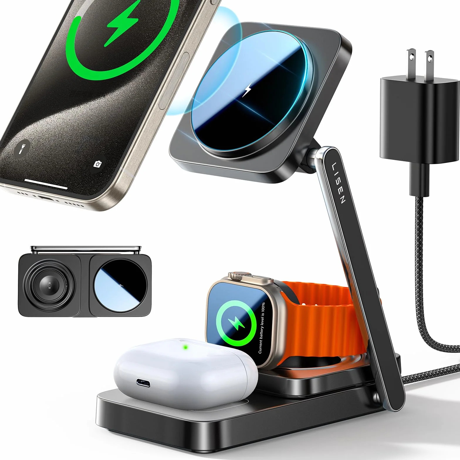 LISEN Stacja ładująca 3 w 1, stacja ładująca Magsafe z wieloma urządzeniami, bezprzewodowa ładowarka, wygodne dopasowanie do Apple Watch Airpods