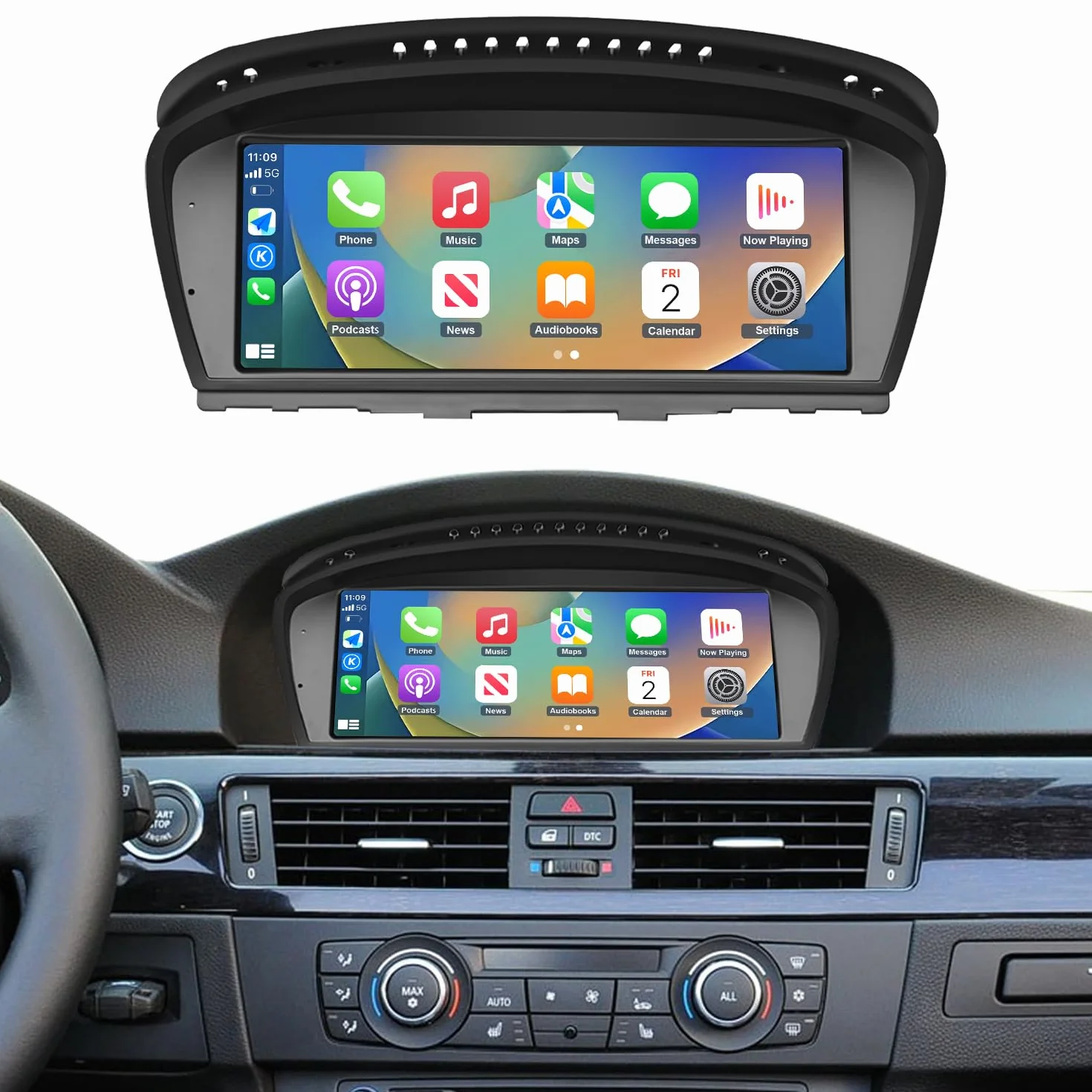 Road Top Ekran CarPlay, 8.9 calowe radio samochodowe stereo dla BMW 3er 5er E90/E91/E92/E93/E60/E61 2008-2013 Jaar met CIC Systeem, radio samochodowe z wąską ramką dla CarPlay/Android Auto/MirrorLink