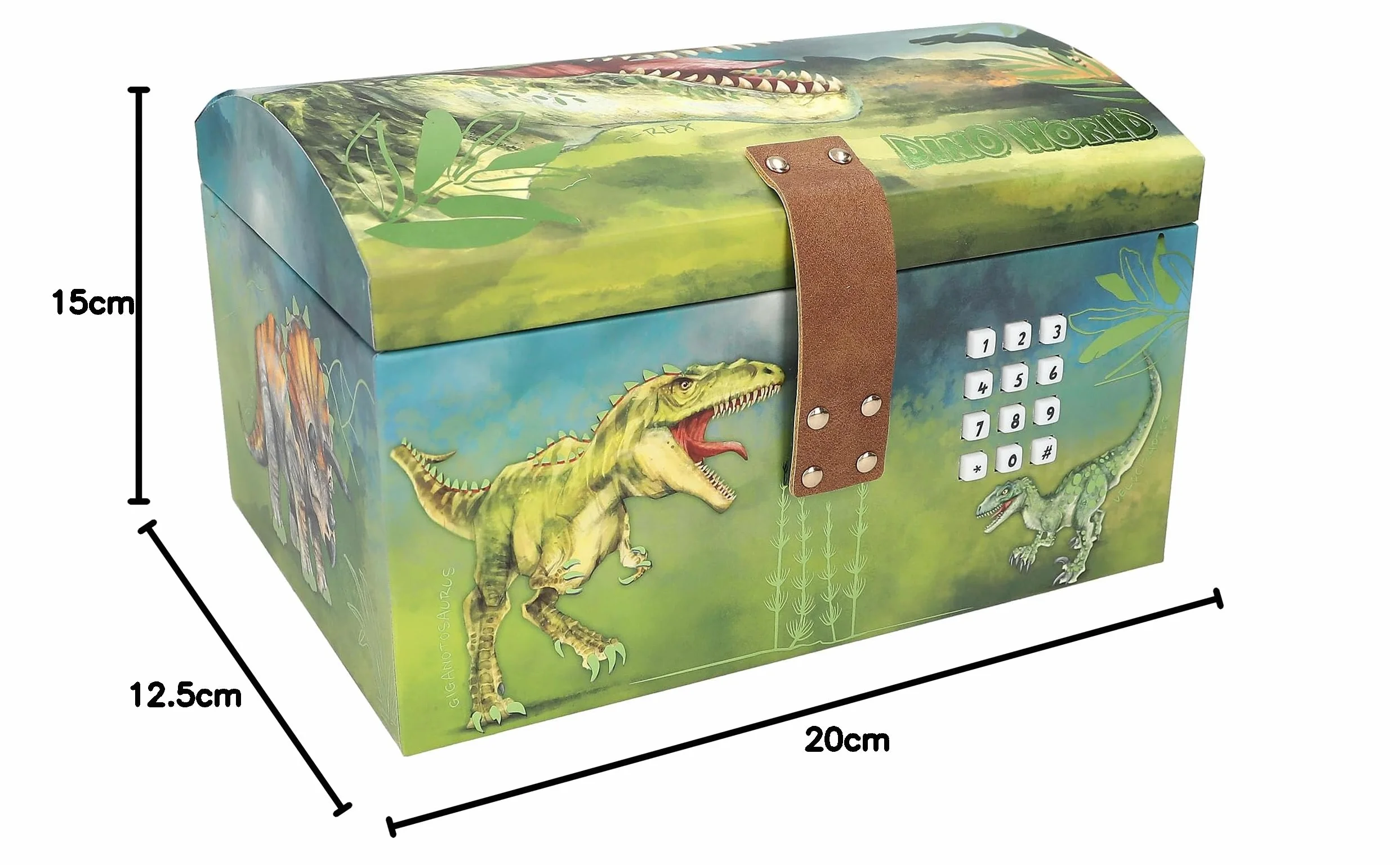 Depesche 12115 Dino World - Skrzynia skarbów z kodem, dźwiękiem i światłem, ok. 15 x 20 x 12,5 cm, pudełko na małe skarby i sekrety