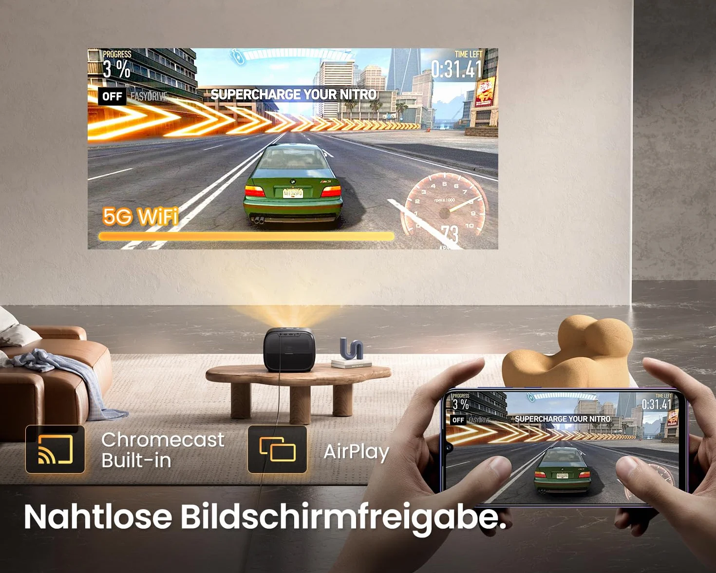 etoe Projektor E3 Pro, kino domowe 4K Ultra HD z autofokusem i automatyczną korekcją trapezową, 600 lumenów ANSI, 150", Android TV 11.0, certyfikat Netflix, głośnik 2 x 10 W, Dolby Audio, HDR 10+