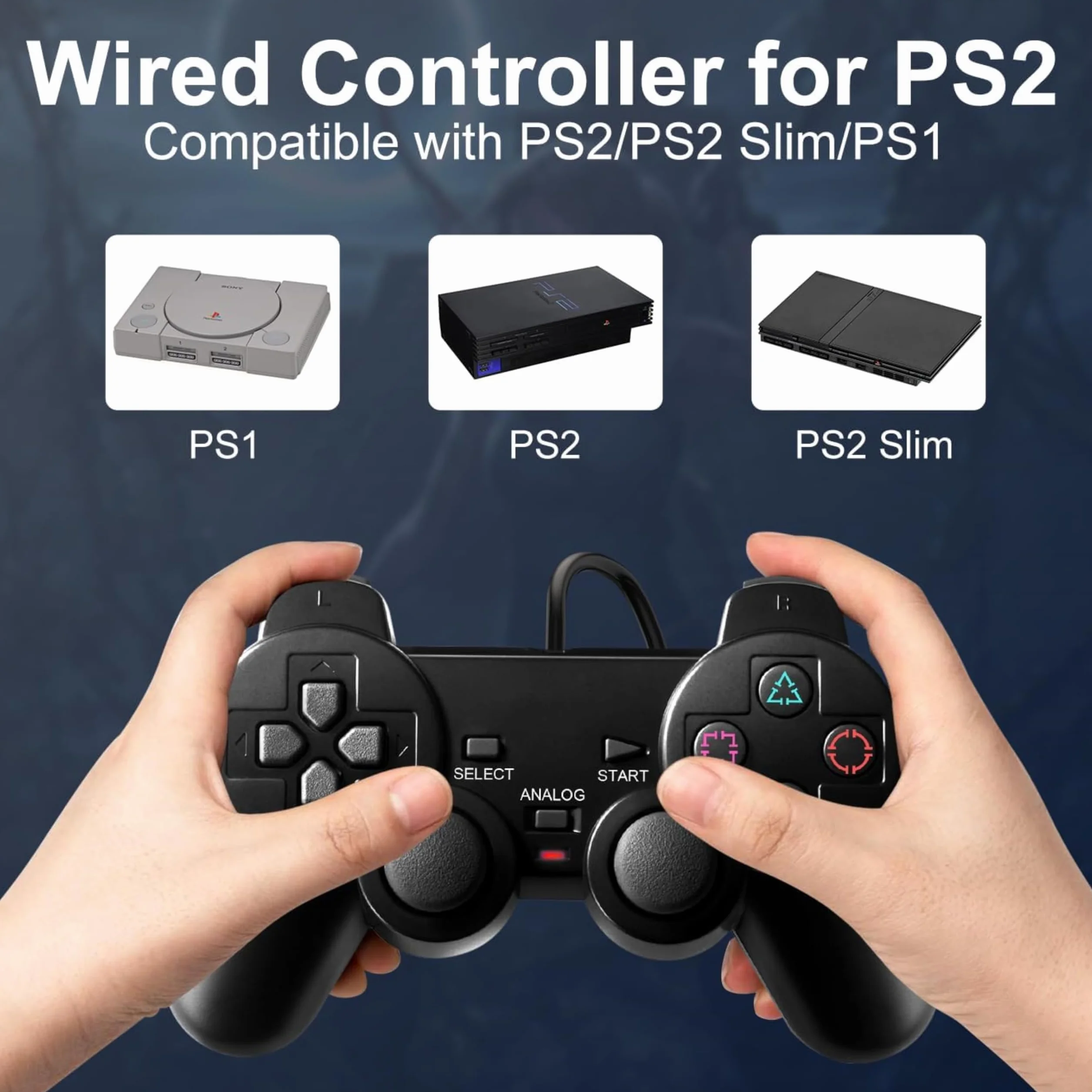 Kontroler przewodowy FLLAGG20 kompatybilny z PS2 PS1 PSX, czarny, analogowy, podwójne silniki wibracyjne