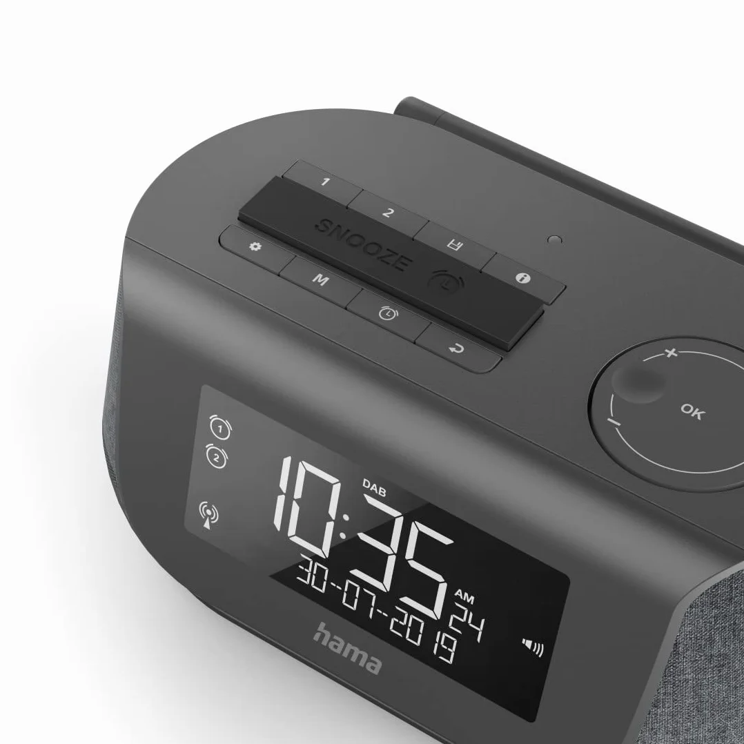 Hama Cyfrowe radio DR36SBT FM/DAB/DAB+/BT (duży wyświetlacz, Bluetooth 5.0, 4W, dźwięk stereo, kabel 183 cm, alarm, wejście AUX, gniazdo USB, 19 x 11 x 9,5 cm) czarne