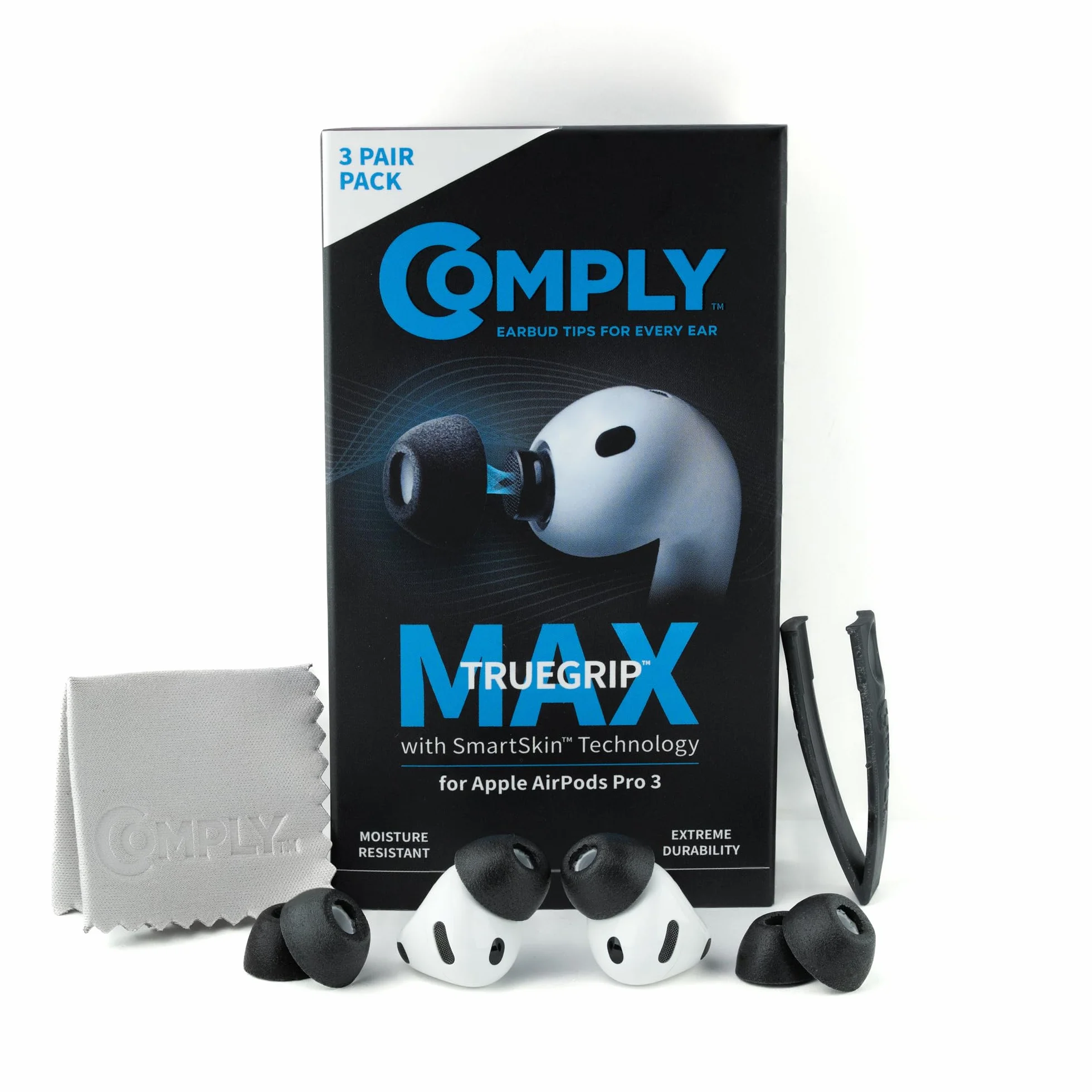 Comply TrueGrip MAX wymienne zatyczki do uszu z pianki z pamięcią kształtu do Apple AirPods Pro (3 generacji), technologia SmartSkin, doskonała izolacja akustyczna, czarne, rozmiar L, 3 pary