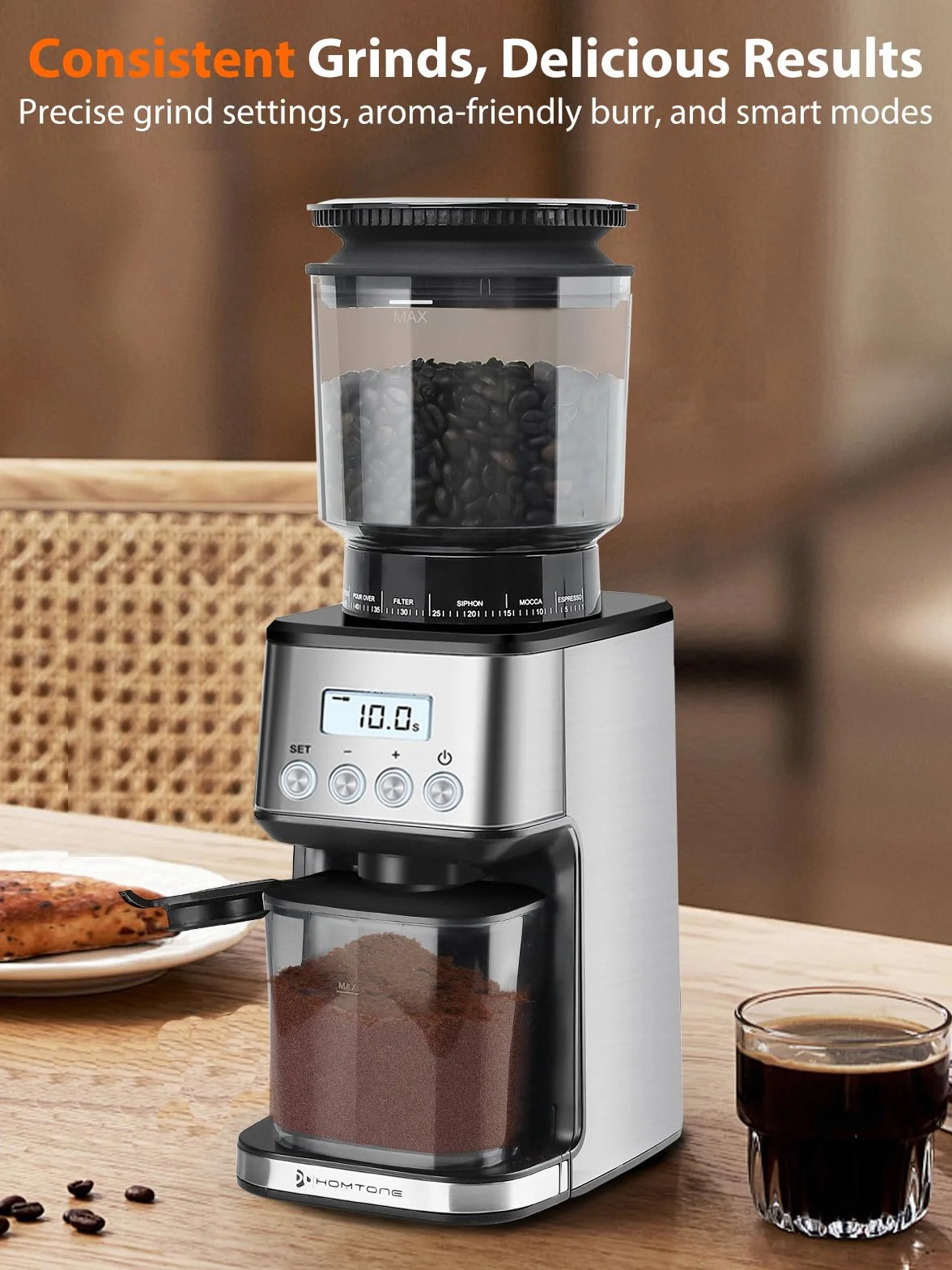 Homtone Stożkowy młynek do kawy elektryczny do portafiltera, 51 precyzyjnych ustawień mielenia, młynek do kawy fasolowej, do espresso, kapania, nalewania, prasy francuskiej, antystatyczny, 12