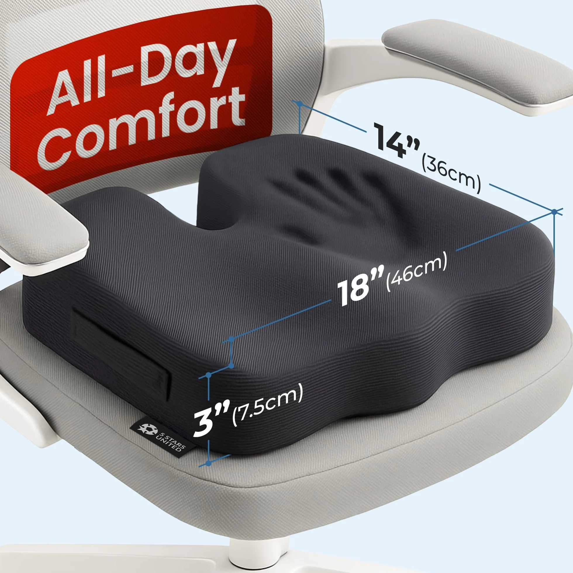5 STARS UNITED Memory Foam Seat Cushion, ergonomic coccyx pad for office chair, sciatica & back pain relief, non-slip, portable, washable cover - black