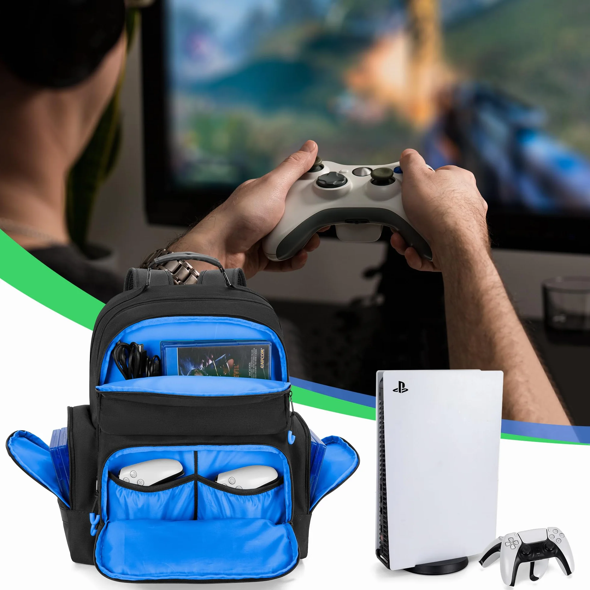 PGmoon Plecak na konsolę kompatybilny z PlayStation 5, torba podróżna z ochronną podszewką, odpowiedni do laptopa 15,6", słuchawek, kontrolerów i większości akcesoriów do gier, Niebieska