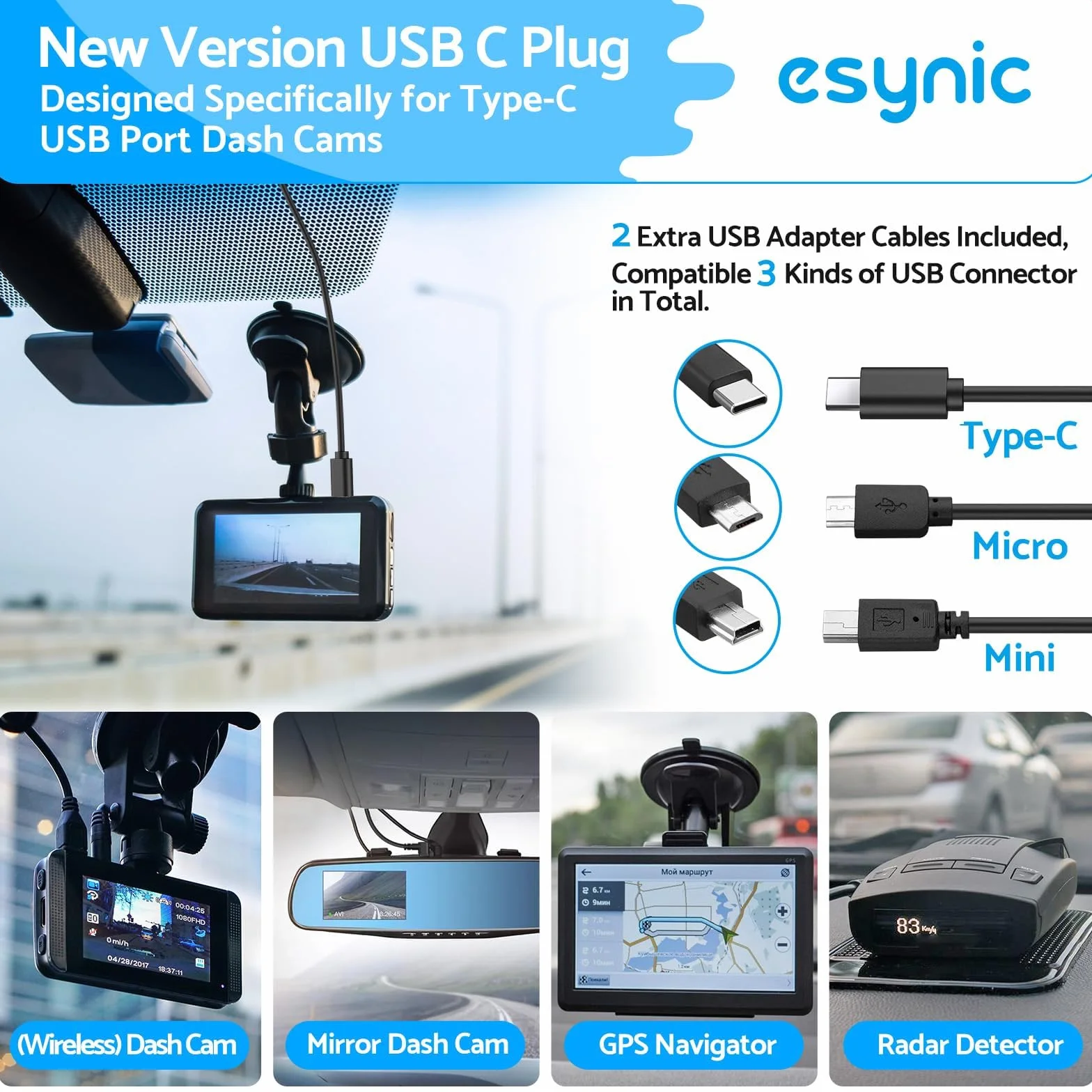 eSynic Dash Cam Hardwire Kit USB 11,5 ft kabel 12 V-24 V do 5 V Hard Wire Kit do kamery Dash z adapterem mini i Micro USB i 4 typami bezpieczników Mini/LP, ACS, ATO, Micro2