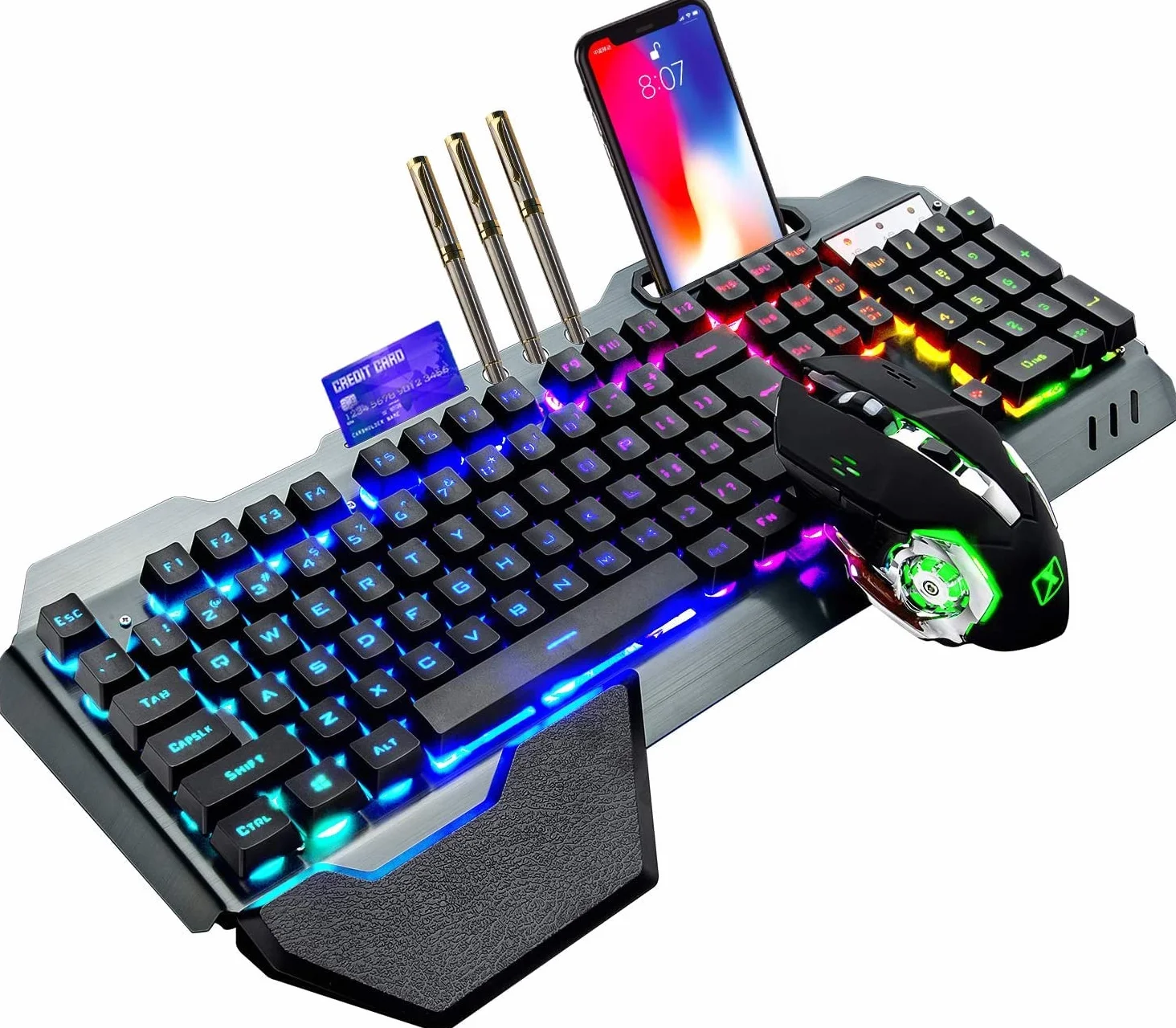 Bezprzewodowa klawiatura do gier, mysz z podświetleniem RGB, ładowalna mysz z baterią 5000 mAh, metalowy panel, zdejmowana podpórka pod rękę, klawiatura mechaniczna i 7 kolorów wyciszona mysz do gier