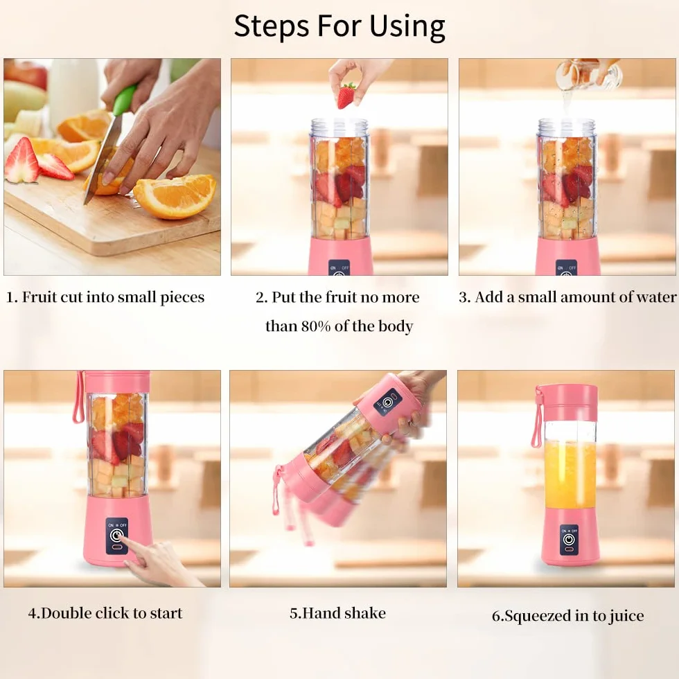 Przenośny blender, osobista wyciskarka do soku, ręczny mikser do owoców o pojemności 380 ml, ładowany przez USB, z 6 ostrzami Power Blender, podróżny, do smoothie i koktajli, różowy