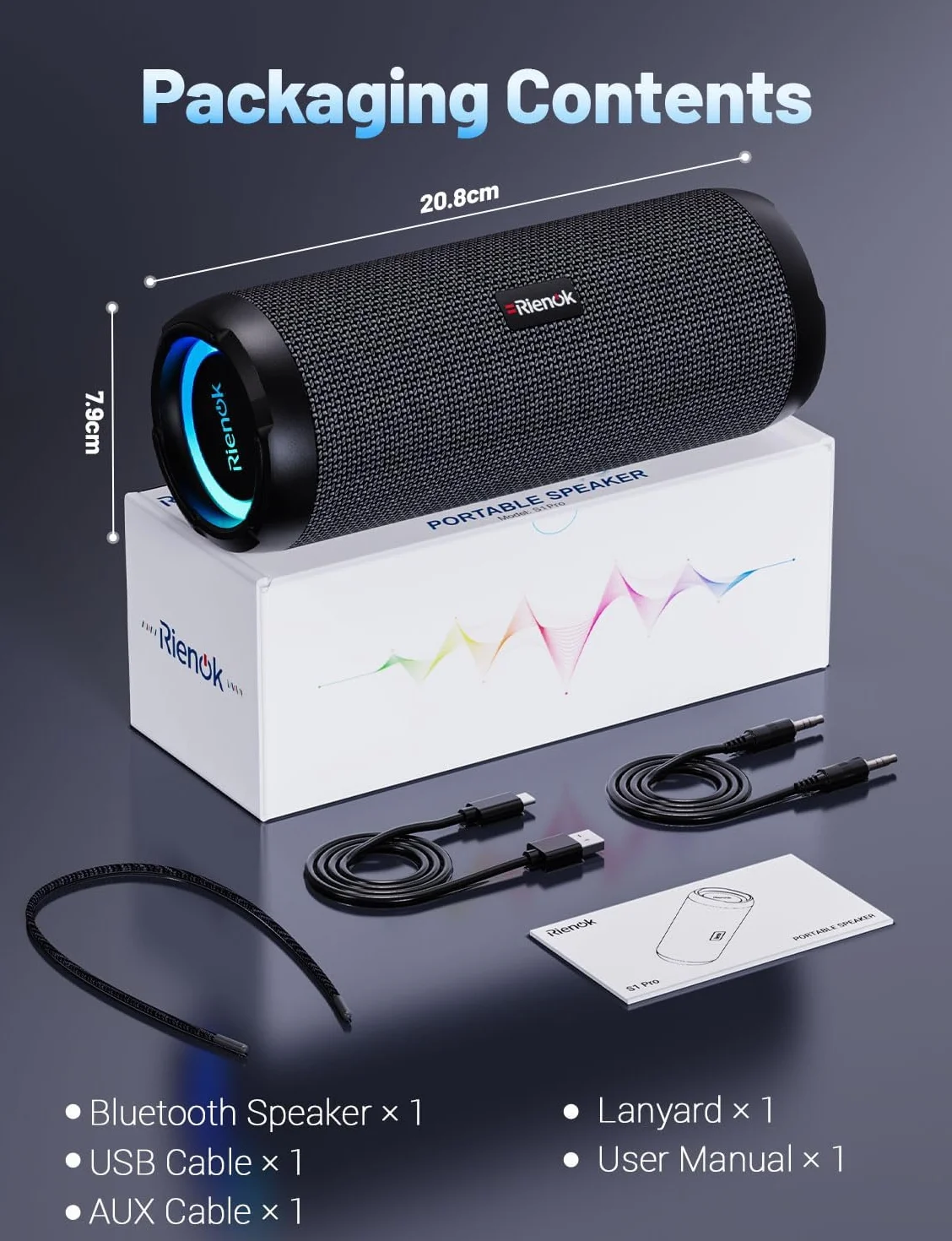 RIENOK Głośnik Bluetooth ze światłem, Bluetooth 5.3, głośnik basowy, bezprzewodowy, z wodoszczelnością IPX7, dźwięk stereo, przenośny