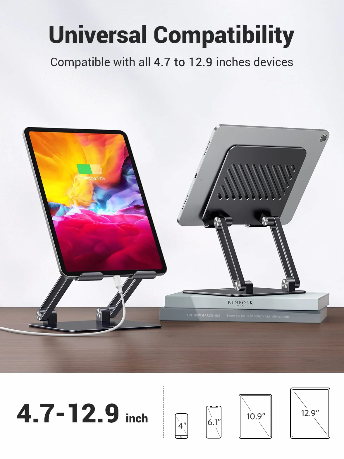 UGREEN Stojak na Tablet Regulowany Uchwyt Aluminiowy Składany Telefon Komórkowy Kompatybilny z iPad Pro Air Mini 11 12.9 Galaxy Tab S9 Huawei MatePad iPhone 15 do 12,9 cala (Czarny)