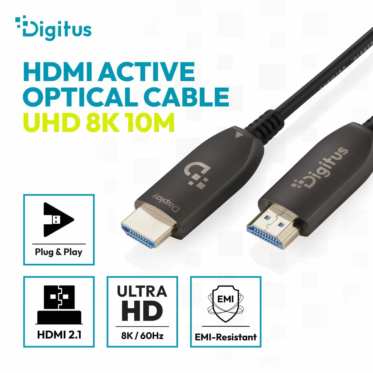 DIGITUS HDMI AOC Hybrydowy kabel światłowodowy - HDMI 2.1 - 8k/60Hz - UHD-II - kanał Ethernet - HDR eARC HDCP 2.2 - pozłacane styki - 10m - czarny