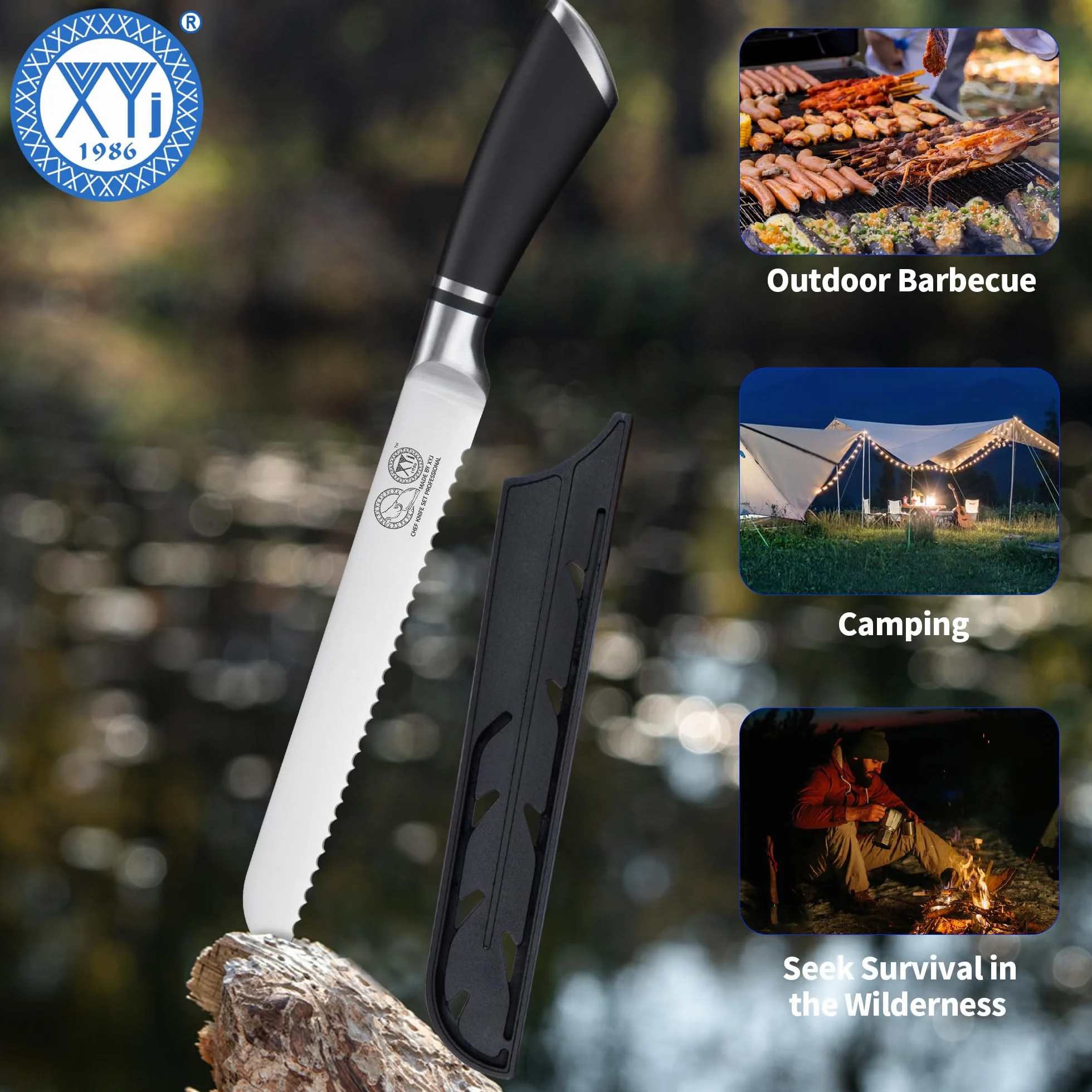 XYJ Authentic Since 1986, Serrated 8 Inch Stainless Steel Ultra Sharp Bread Knife, Ergonomic Handle, Kitchen Knife with Sheath