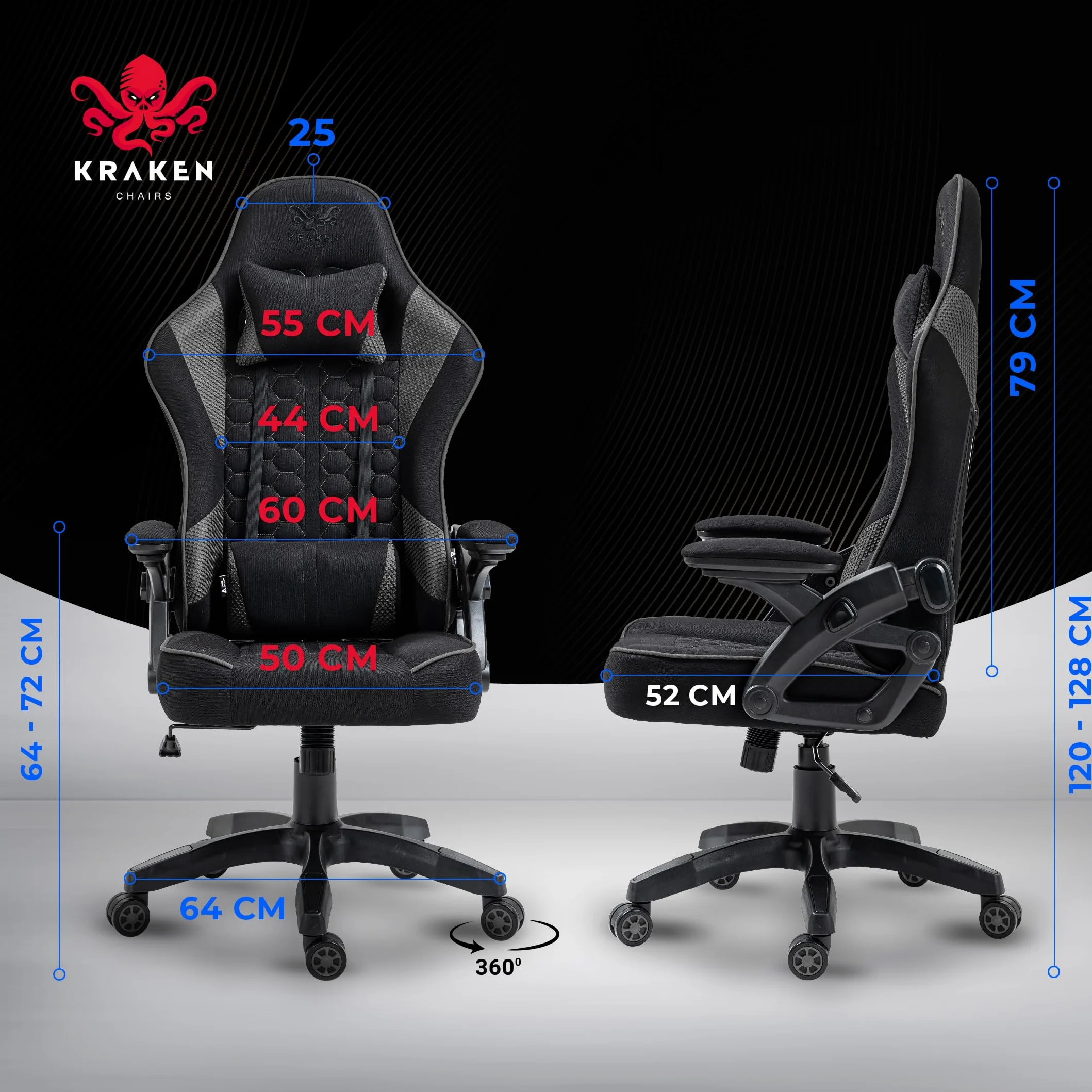 Fotel Gamingowy z Tkaniny - Czarno Grafitowy - Regulacja Wysokości i Podłokietników - Poduszka na Zagłówek i Lędźwie - Obrotowy Fotel dla Gracza do Biura i Gier - Ergonomiczny Design