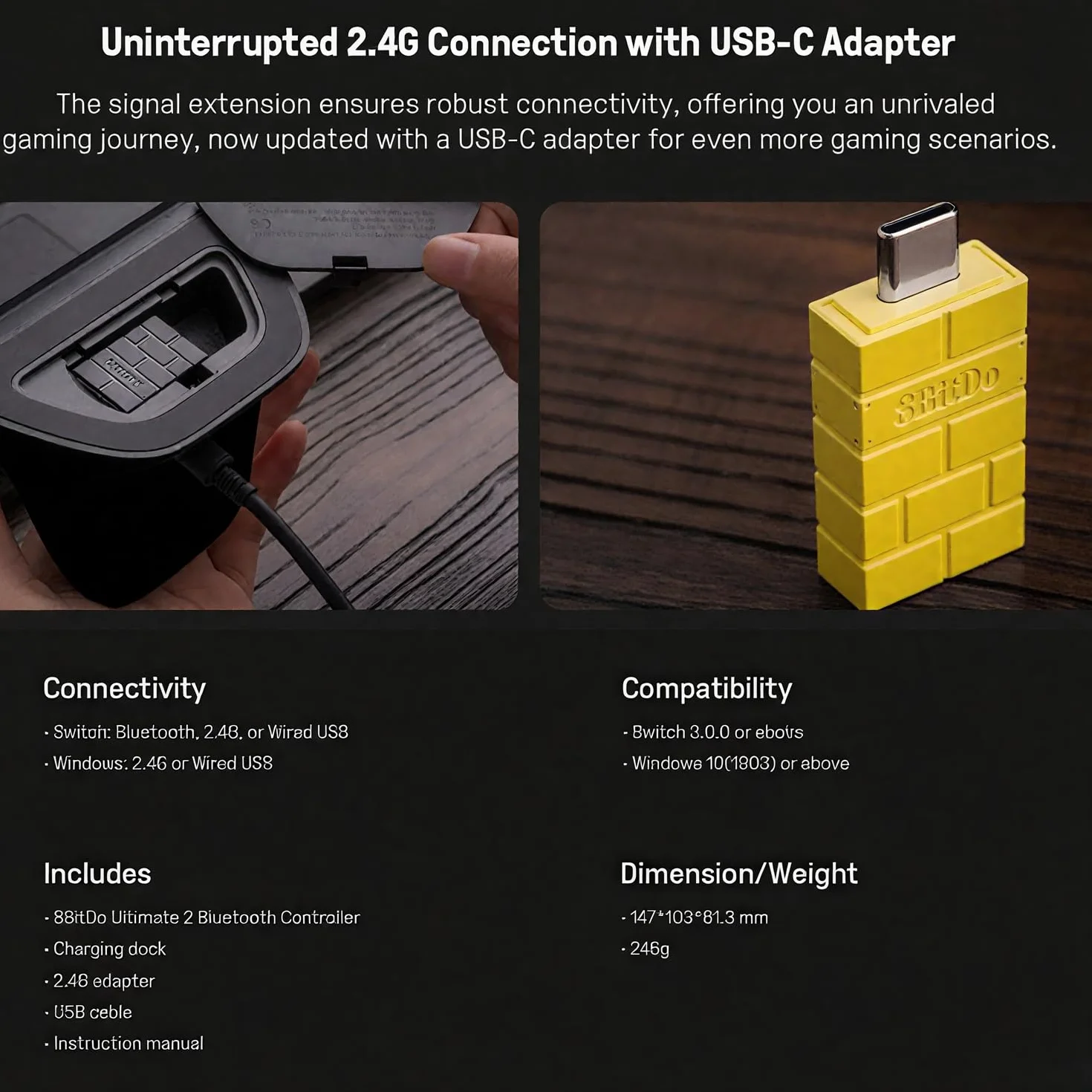 8BitDo Ultimate 2 kontroler Bluetooth z joystickami TMR do Switch, Windows PC, gamingowy z przełączanym efektem pogłosu/dotykowymi wyzwalaczami, pierścieniem ognia RGB, stacją