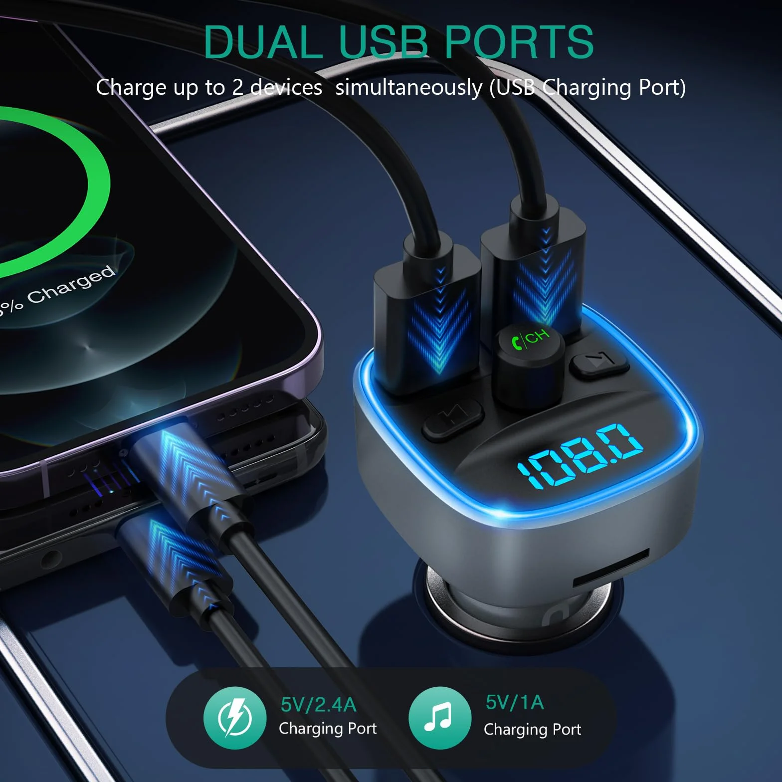 ORIA Samochodowy nadajnik FM Bluetooth 5.3, bezprzewodowy nadajnik radiowy, uniwersalna ładowarka samochodowa z podwójnym ładowaniem USB, zestaw głośnomówiący, odtwarzacz muzyczny, obsługuje kartę TF