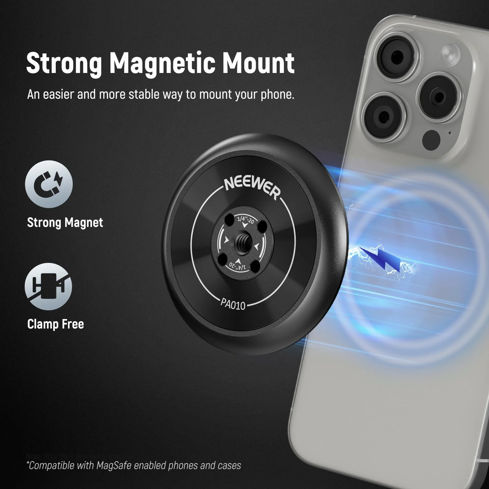 NEEWER Magnetyczny uchwyt na statyw do telefonu komórkowego, adapter z samoprzylepnym pierścieniem magnetycznym, kompatybilny z MagSafe iPhone 15 Pro Max 15 Plus 14 13 12, gwint 1/4" do filmów, kijek