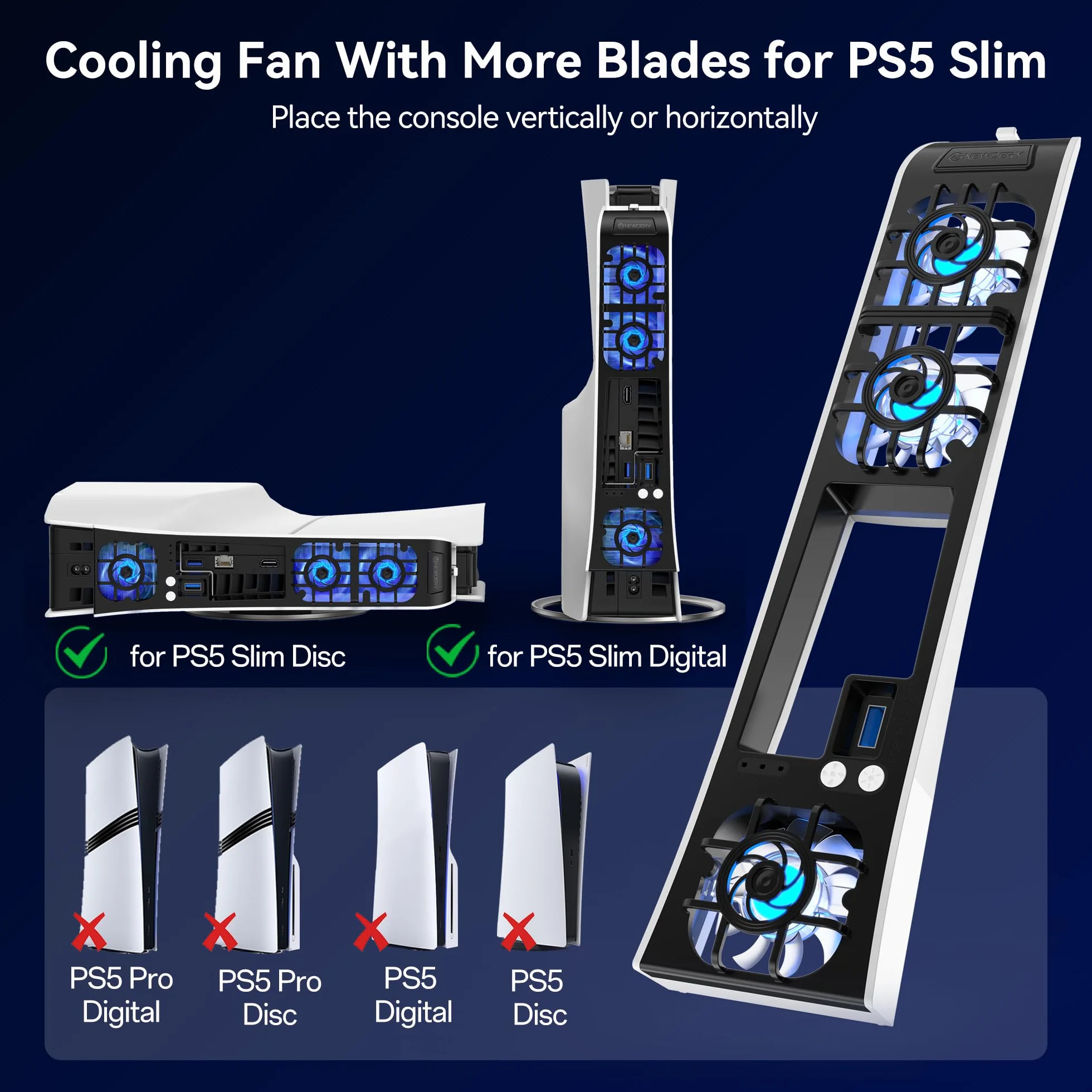 NEWDERY Wentylator chłodzący do konsoli PS5 Slim, ulepszony cichy wentylator chłodzący, automatyczna prędkość sterowana temperaturą, dynamiczne światło RGB, złącze USB 3.0, pasuje do Playstation 5