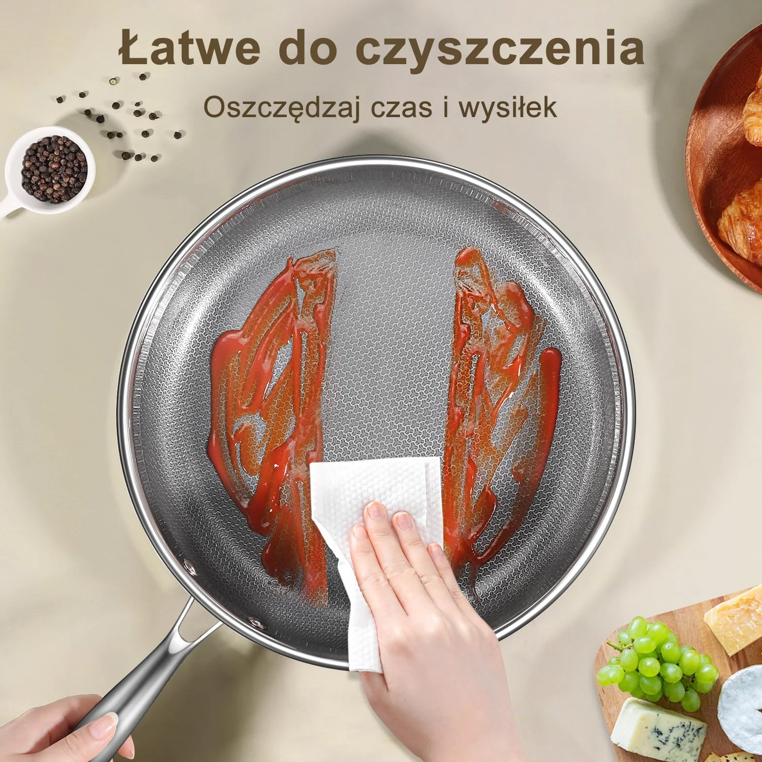 Patelnia GiPP 30CM ze Stali Nierdzewnej z Potrójnym Dnem, Nieprzywierająca Powłoka Plastrem Miodu, Kompatybilna z Indukcją, Nadaje się do Piekarnika, Do Smażenia i Zdrowego Gotowania (z pokrywą)