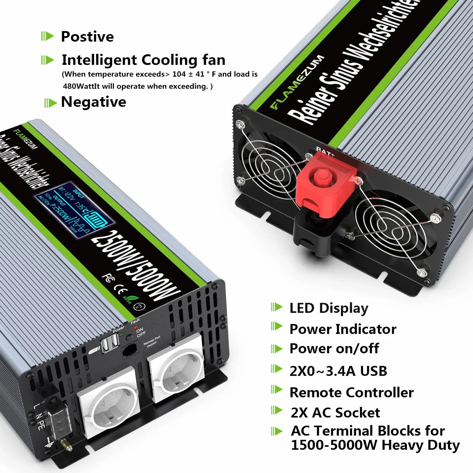 Falownik 12V 230V Czysty Sinus 2500W Przetwornica Napięcia z Pilotem Zdalnego Sterowania i Ekranem LCD & 2 Gniazdkami UE & 2 Port USB Solar Power Inverter do Samochodu,Przyczepy kempingowej,łodzi,na kemping