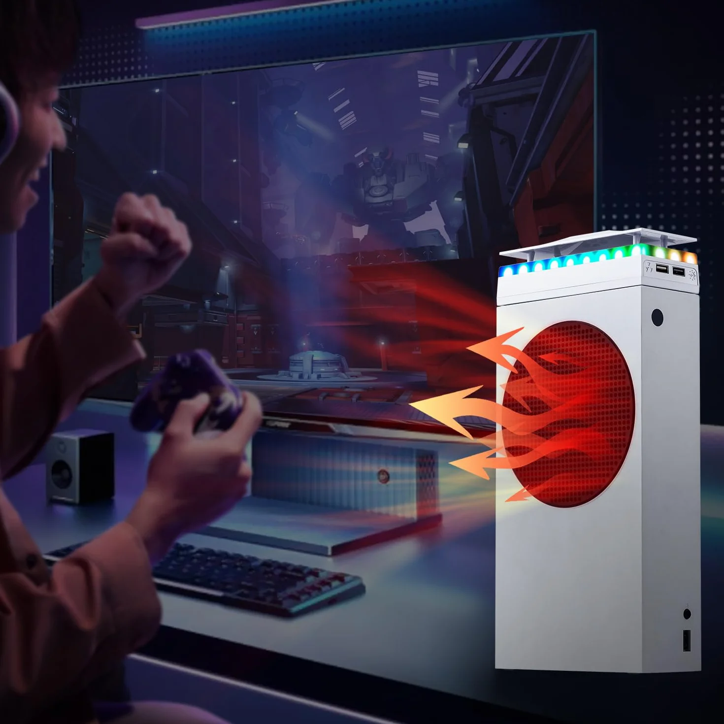Mcbazel Xbox Series S Osłona wentylatora chłodzącego z 7 efektami świetlnymi RGB, obsługa 3 prędkości/transfer danych USB/port ładowania Podwójna chłodnica dla konsoli Xbox Series S - biała