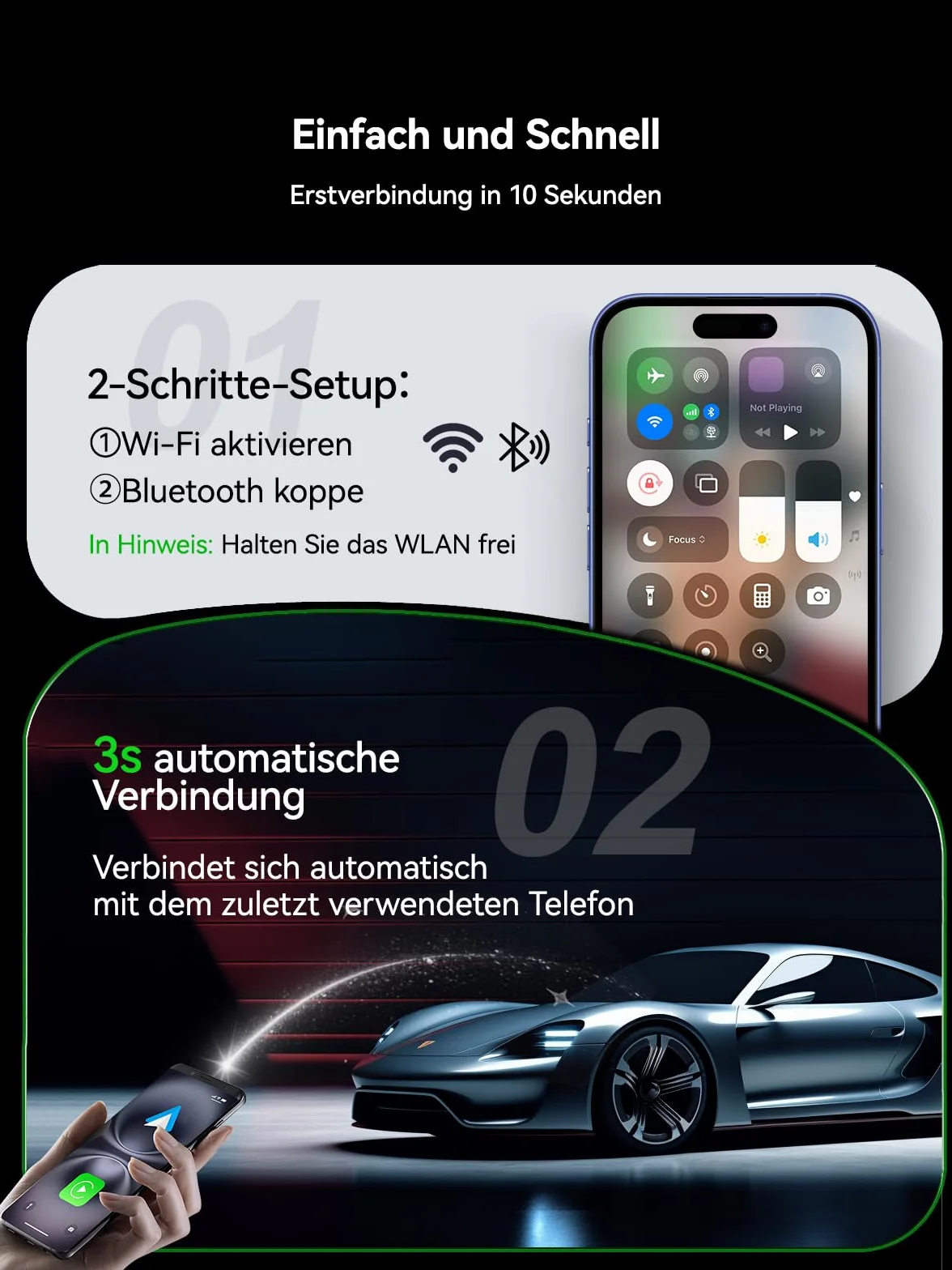 Bezprzewodowy adapter CarPlay i Android na 2 telefonach komórkowych – przełączanie między dwoma telefonami komórkowymi (iPhone i Android) – Ultra Mini – nie przegrzewa się – od iOS 10/Android 10