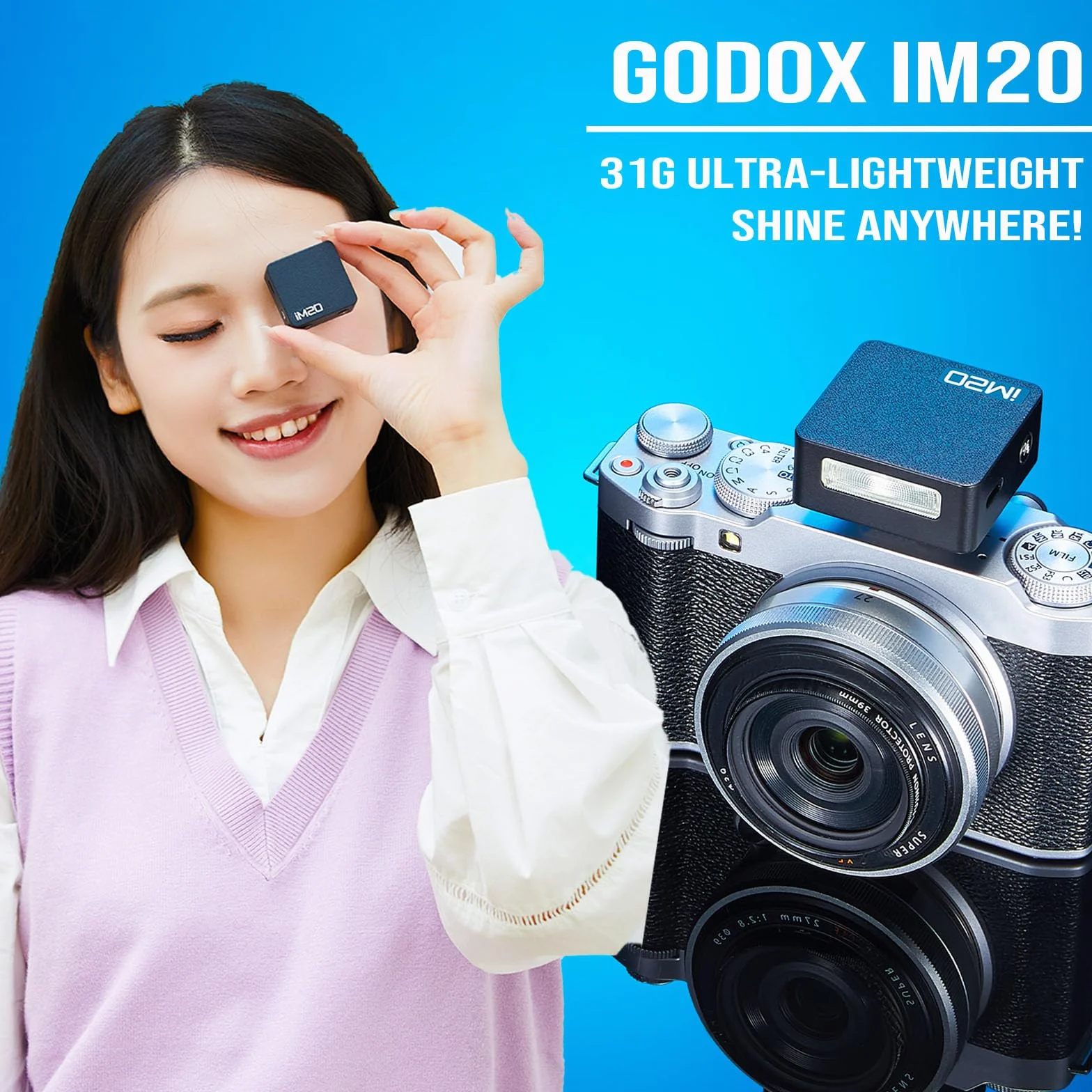 Godox IM20 mini lampa błyskowa, manualny speedlite z 5 poziomami mocy, do 440 błysków przy pełnej mocy, kompatybilna z Ricoh GR III/GR III X, Canon, Sony, Nikon, Fujifilm i Pentax
