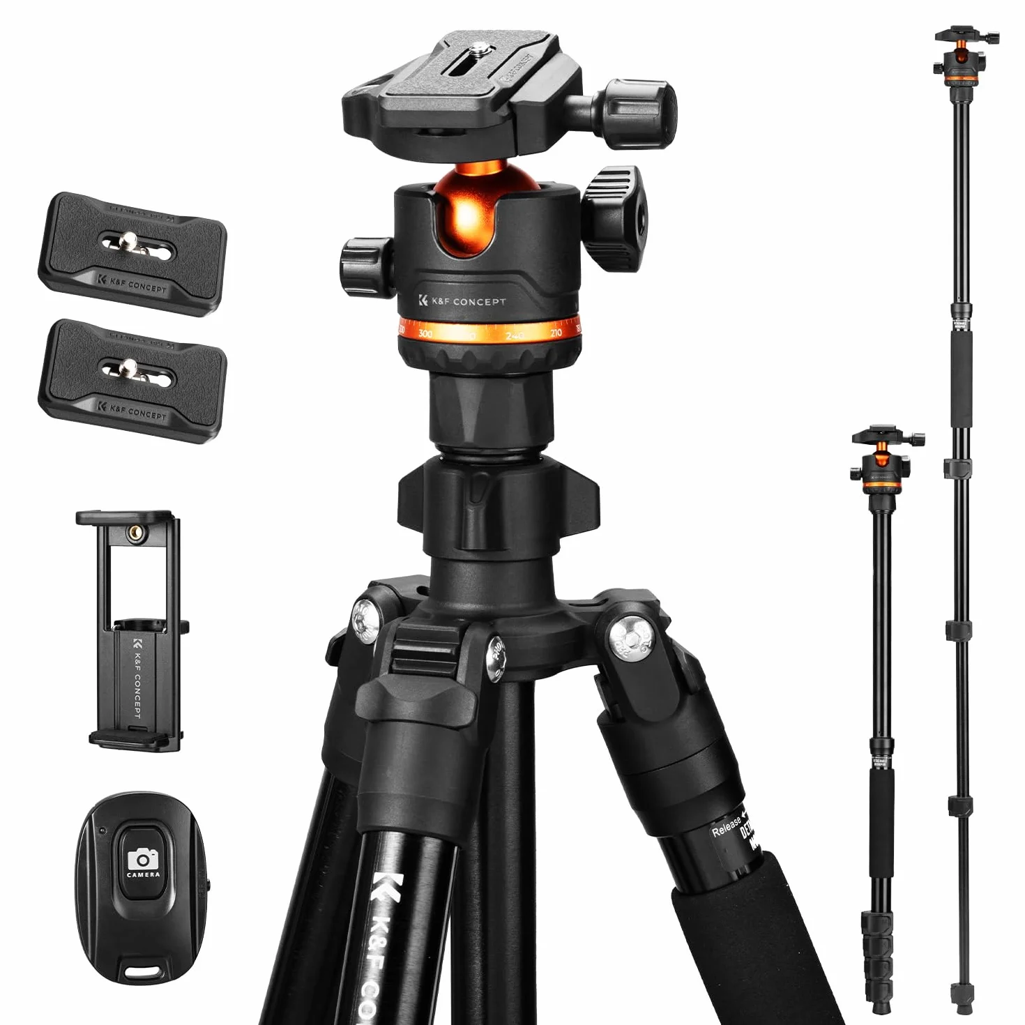 K&F Concept Statyw do aparatu, 192 cm, statyw do smartfona, statywu, aparatu Tripod O275A5 + BH-36, statyw do telefonu komórkowego z uchwytem na telefon komórkowy, tablet i pilot zdalnego sterowania,