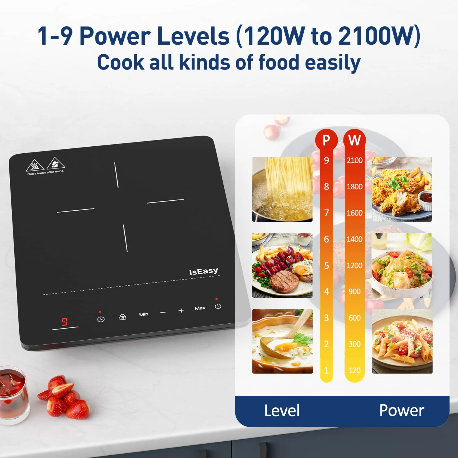 IsEasy pojedyncza płyta kuchenna indukcyjna 2100 W, płyta grzewcza 28 cm, przenośna z zabezpieczeniem przed dziećmi, 9 stopni ogrzewania, 8-godzinny timer, funkcja max/min, czarna