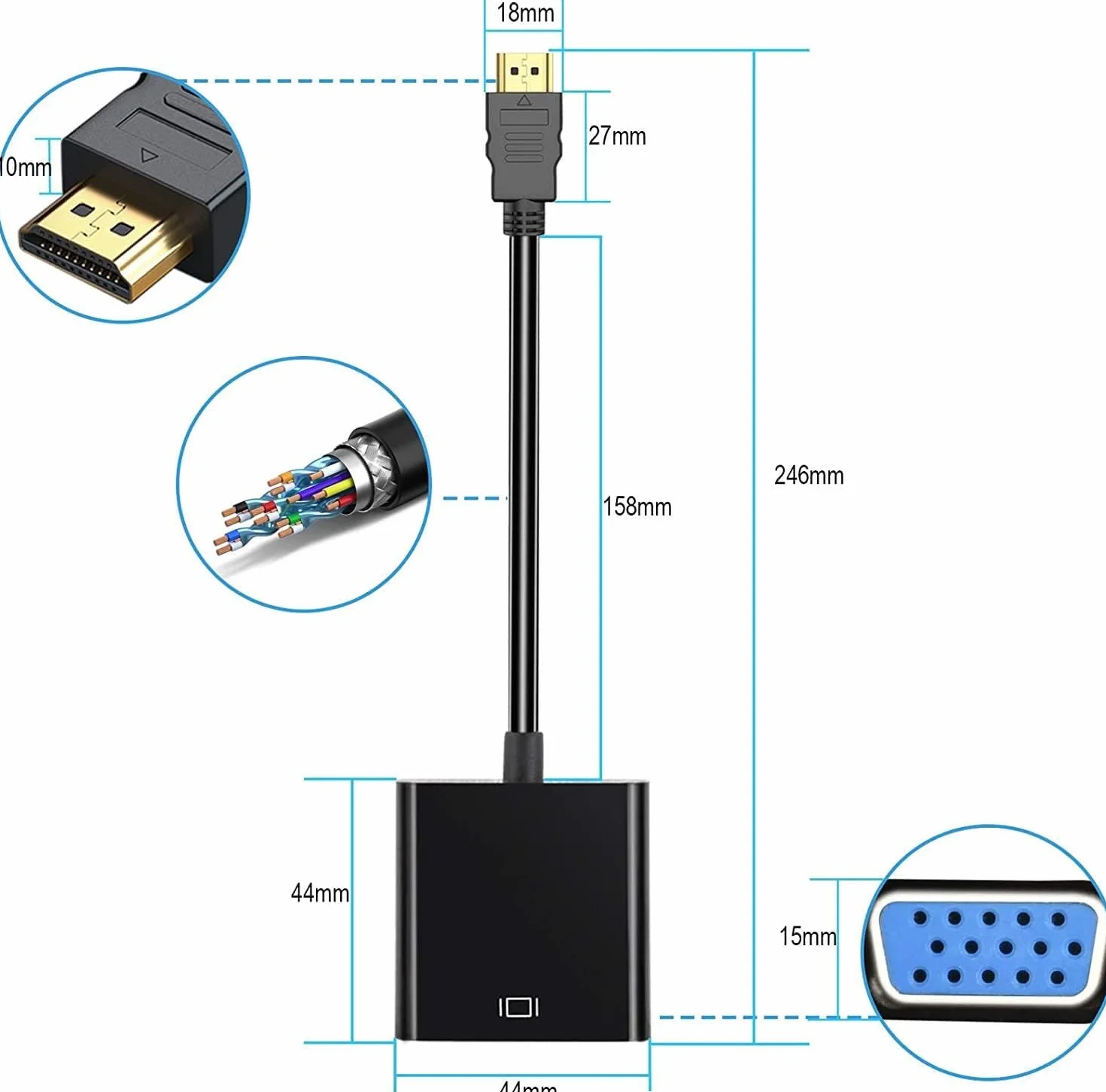 Adapter HDMI na VGA, pozłacany konwerter HDMI na VGA (męski na żeński), kompatybilny z komputerem, laptopem, monitorem, projektorem, HDTV, Chromebookiem, Raspberry Pi, Roku, Xbox i innymi