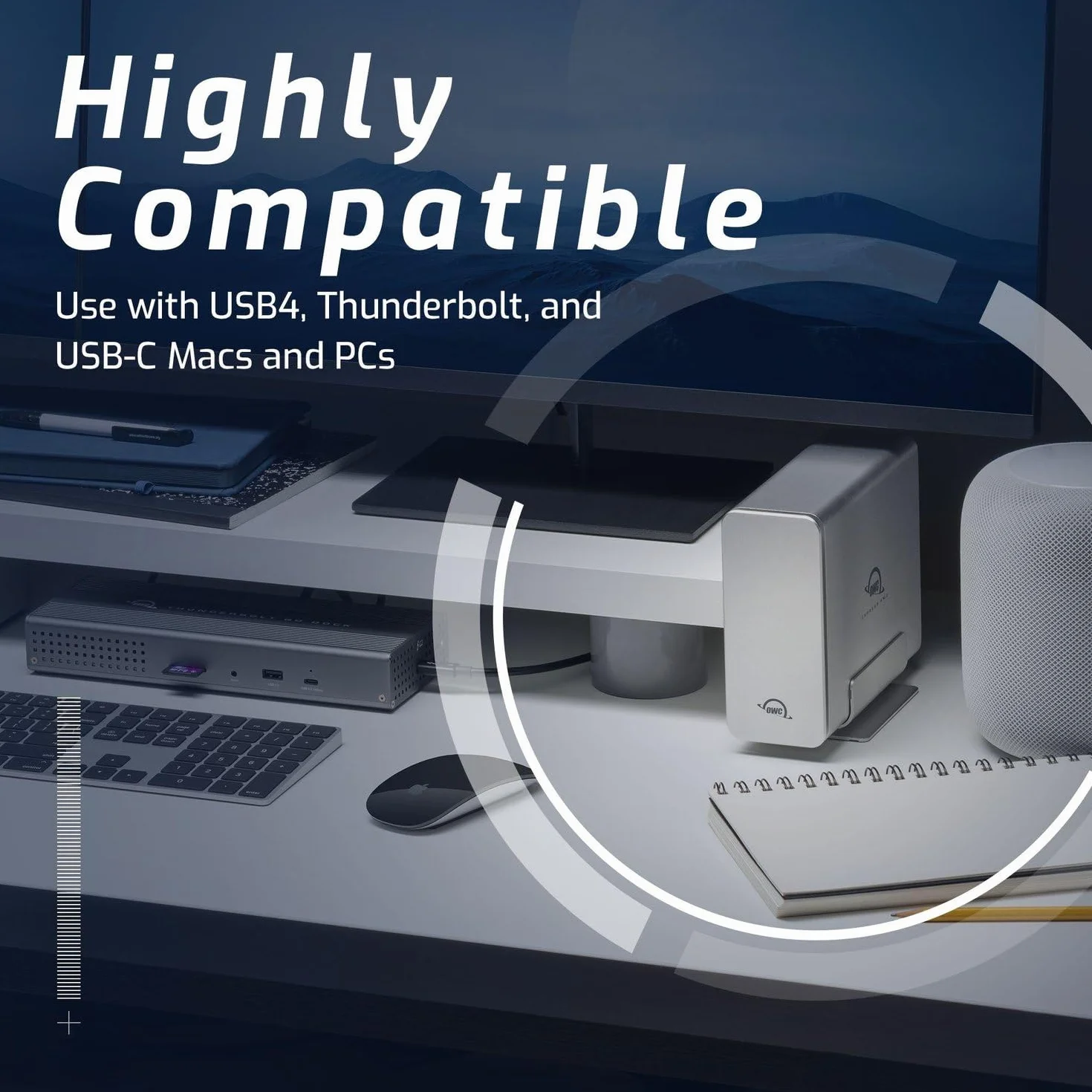 OWC Express 4M2 USB4 Obudowa 4 gniazda NVMe M.2 2230/2242/2280 SSD | do 3200 MB/s | RAID 0/1/4/5/10/JBOD | Kompatybilny z komputerami Mac/PC | Aluminium | Cichy | Kabel USB-C w zestawie | bez SSD bez