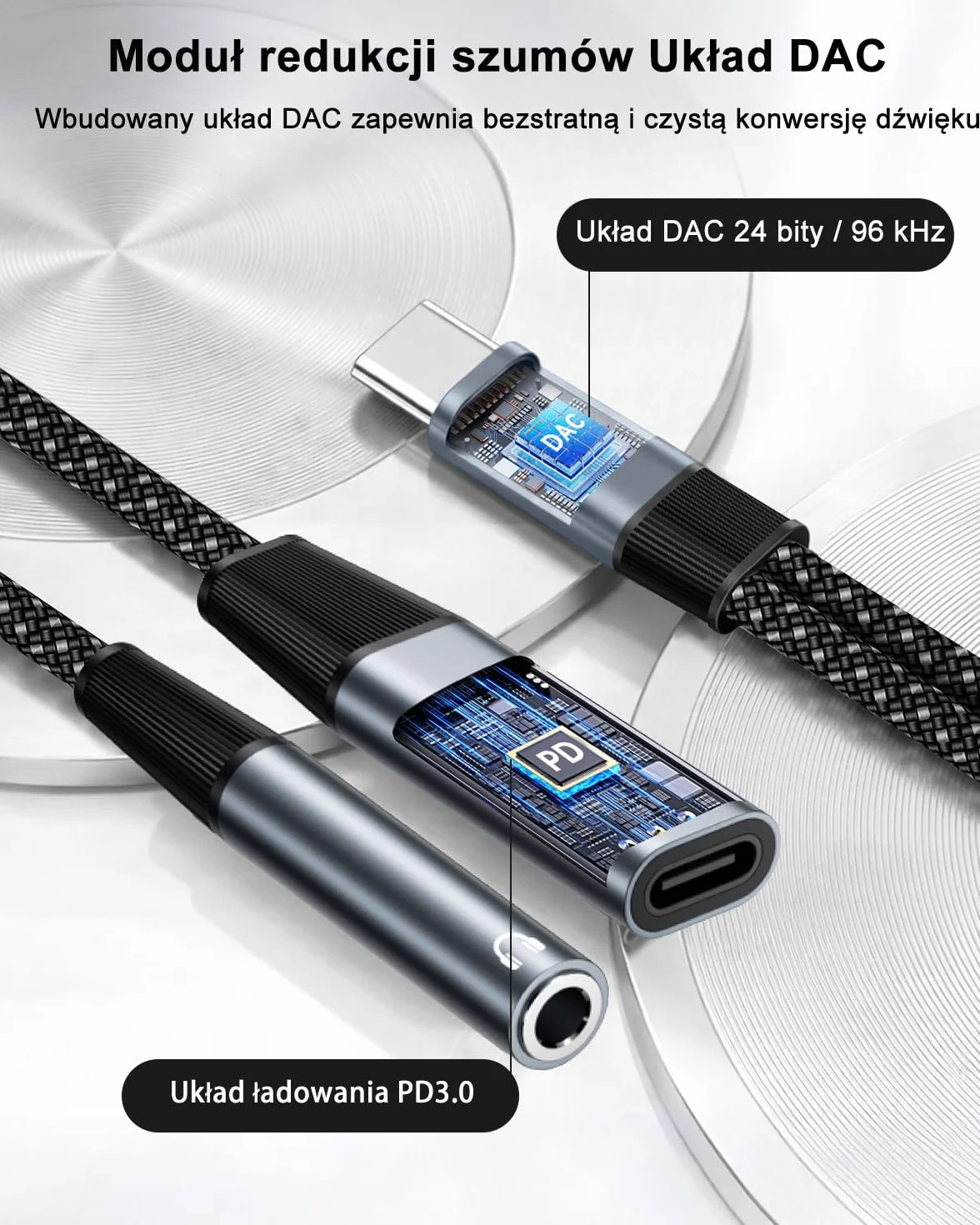 Adapter 2 w 1 USB C na gniazdo 3,5 mm, adapter typu C na gniazdo 3,5 mm i rozdzielacz szybkiego ładowania 60 W, złącze Aux USB C to 3.5 dla iPhone 17 16 15 Pro, Sumsung S24/S23/S22/S21, Pixel 9 8 7