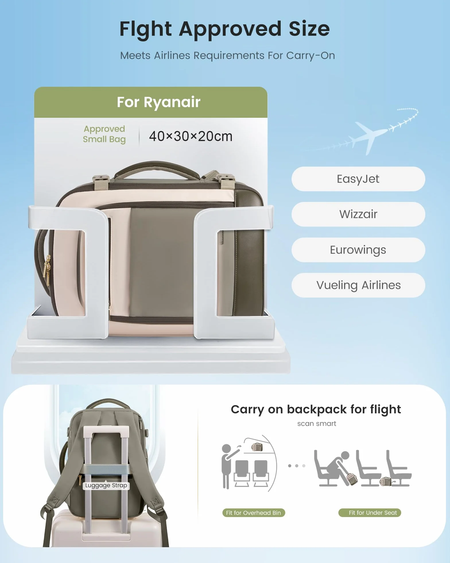 LOVEVOOK Ryanair Bagaż podręczny 40 x 20 x 25, bagaż podręczny, plecak podróżny, plecak podróżny, plecak damski, 20 l