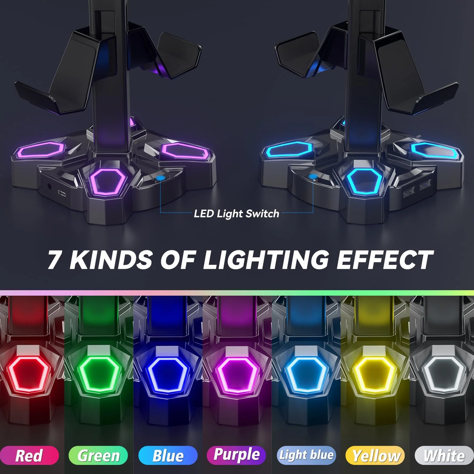 Stojak na Słuchawki Gaming RGB KDD, Obrotowy Stojak na Słuchawki z 9 Trybami Podświetlenia - Uchwyt na Kontroler z 2 Portami Ładowania USB i 3,5 mm - Wieszak na Słuchawki, Akcesoria na Biurko (Czarny)