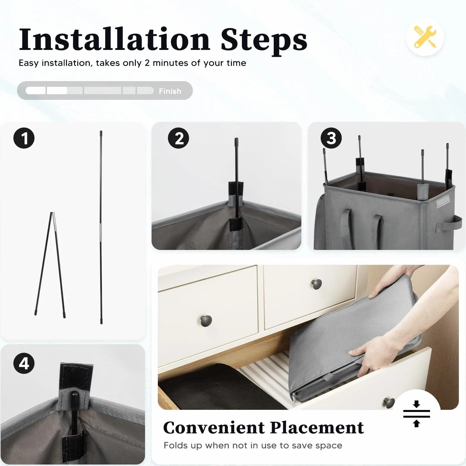 Wąski Kosz na Pranie z Pokrywa 55L Składany Oxford Kosz na Pranie z Przedłużonymi Uchwytami Wielofunkcyjne Kosz do Przechowywania do Lazienki, Sypialni, Pralni (Szary)