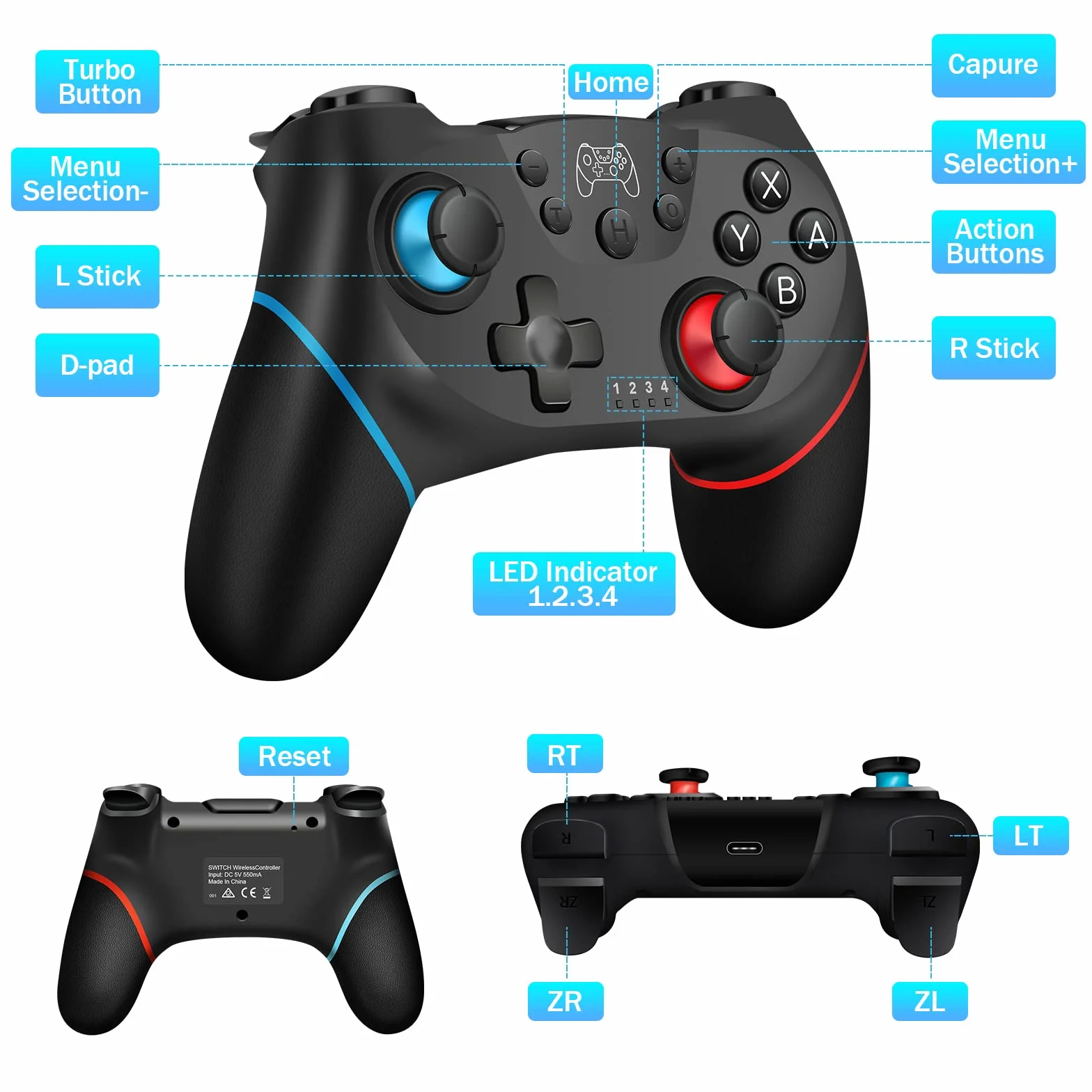[2024 New Version] Controller For Switch – Wireless Pro Controller for Switch Lite – Turbo & Dual Vibration