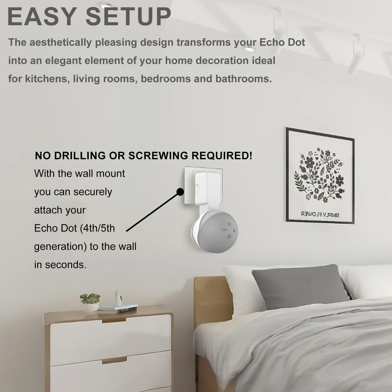 Uchwyt ścienny kompatybilny z Echo Dot 4/Echo dot 5/Echo Pop, uchwyt bez utraty hałasu, zintegrowane zarządzanie kablami, oszczędzający miejsce, stabilny stojak ścienny do sypialni i kuchni