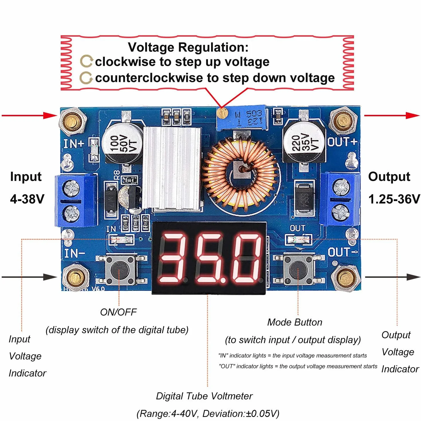 RUNCCI-YUN DC-DC 5 A Step Down zasilacz sieciowy, 4-38 V do 1,25-36 V regulator napięcia z woltomierzem LED do samodzielnego montażu Arduino XL4015