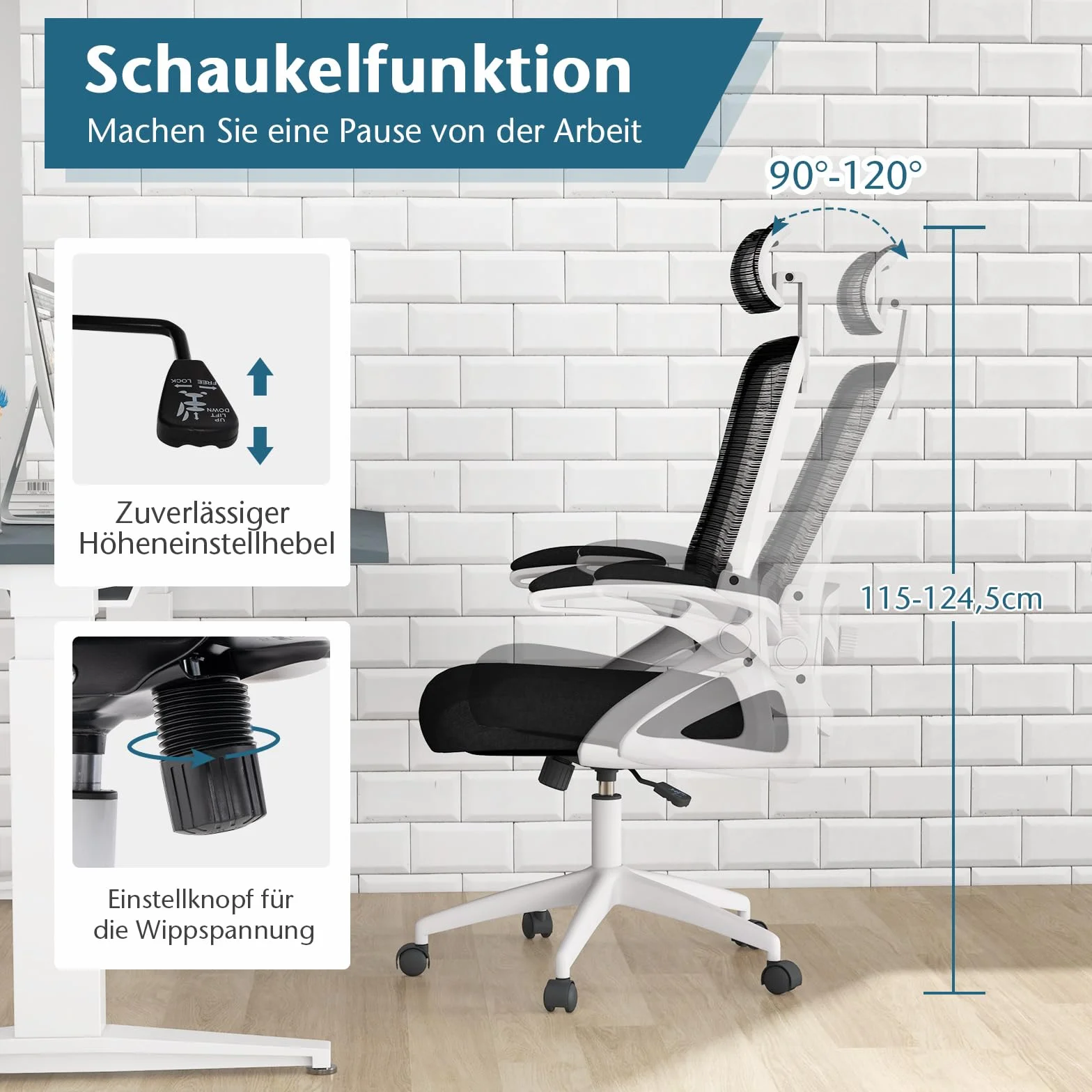 COSTWAY Ergonomiczne krzesło biurowe z regulowanym podparciem lędźwiowym i zagłówkiem, ze składanymi podłokietnikami i wysokim oparciem, obrotowe krzesło komputerowe z funkcją przechylania (białe)