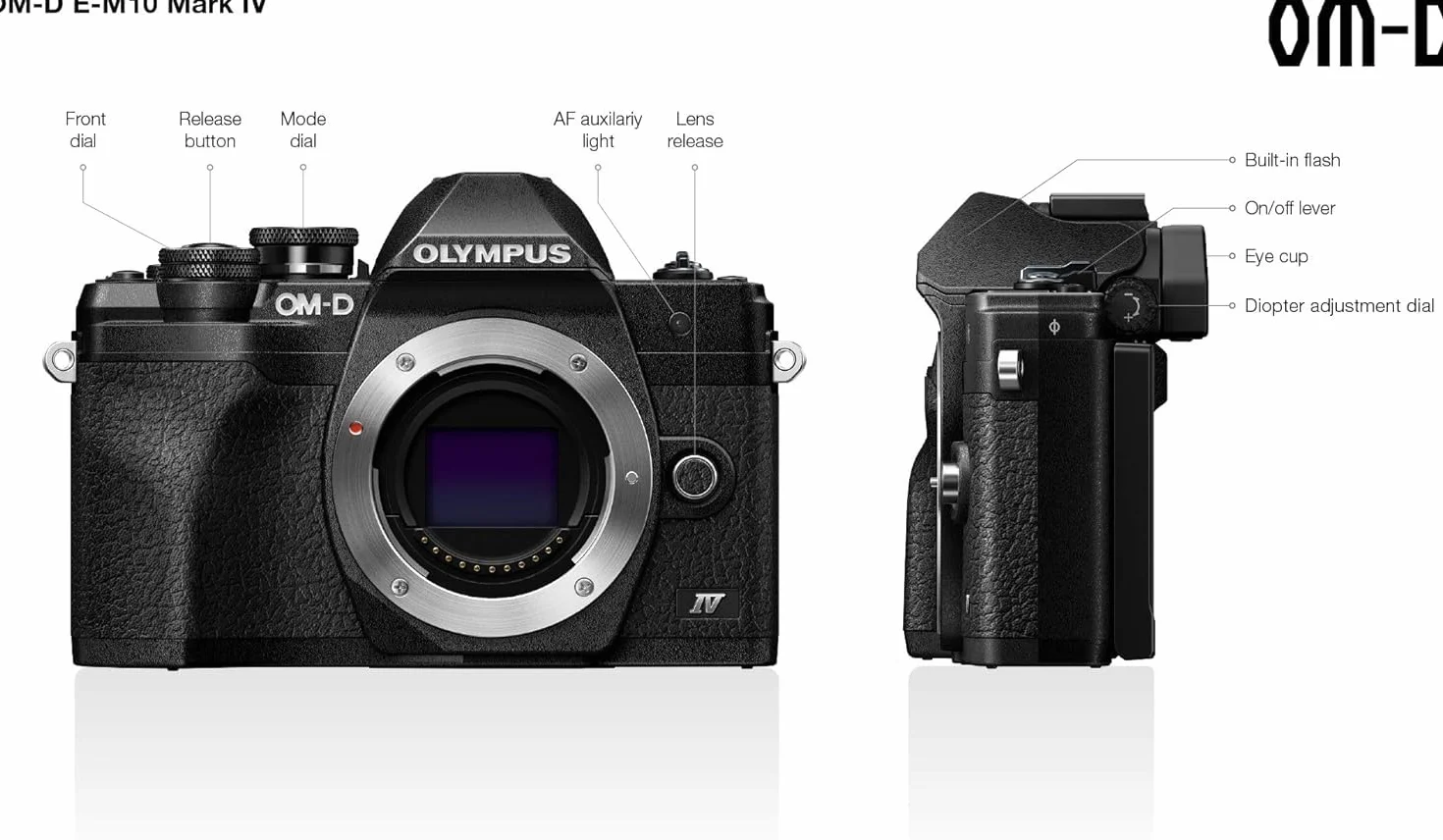 Olympus OM-D E-M10 Mark IV Micro Four Thirds System Camera, czujnik 20 MP, 5-osiowy stabilizator obrazu, ekran LCD do selfie, wizjer elektroniczny, wideo 4K, mocny AF, Wi-Fi, czarny