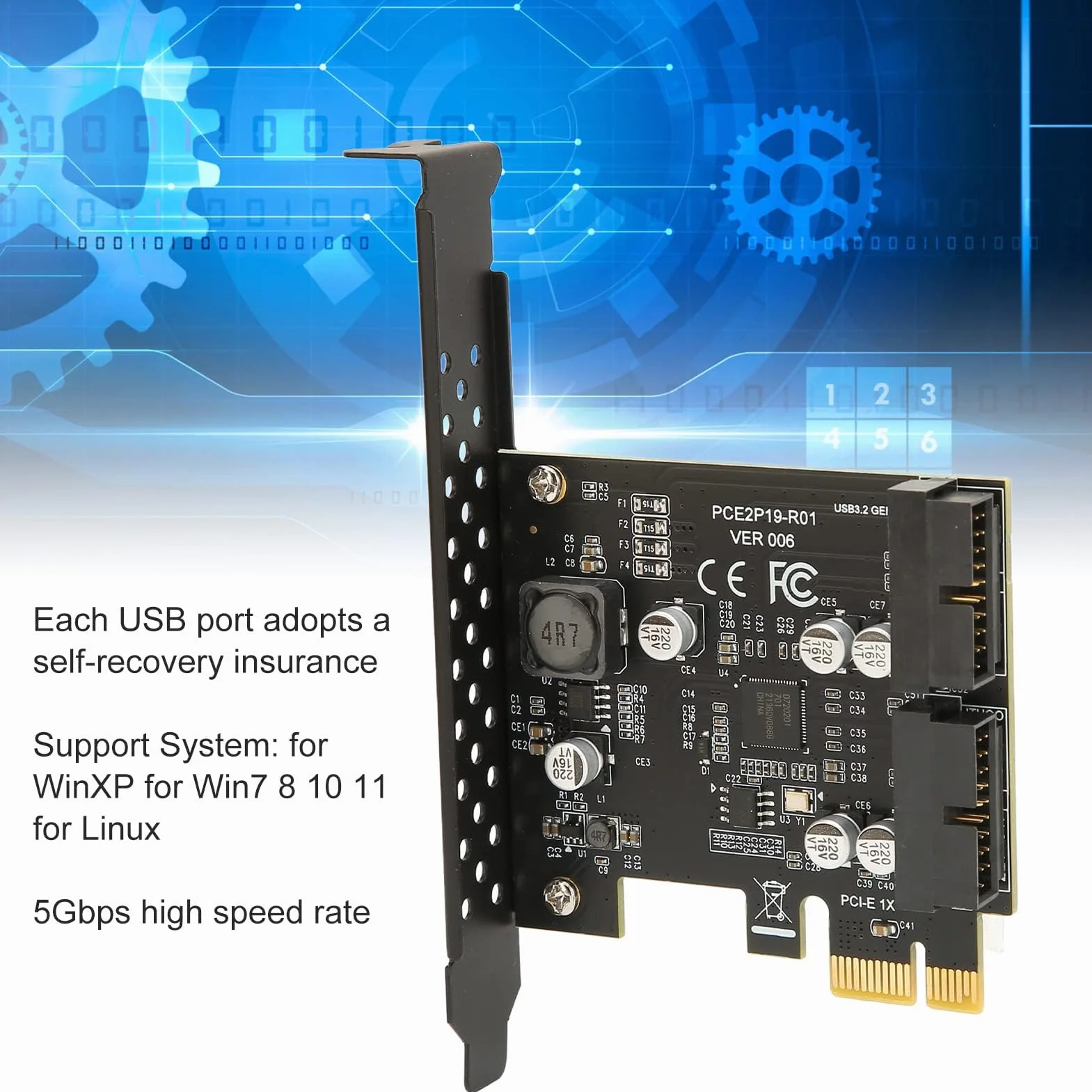 Adapter PCIe na USB 3.2 Gen 2, 2 porty USB 3.2 Gen 1, karta rozszerzeń PCI Express 19PIN do komputera stacjonarnego, obsługa